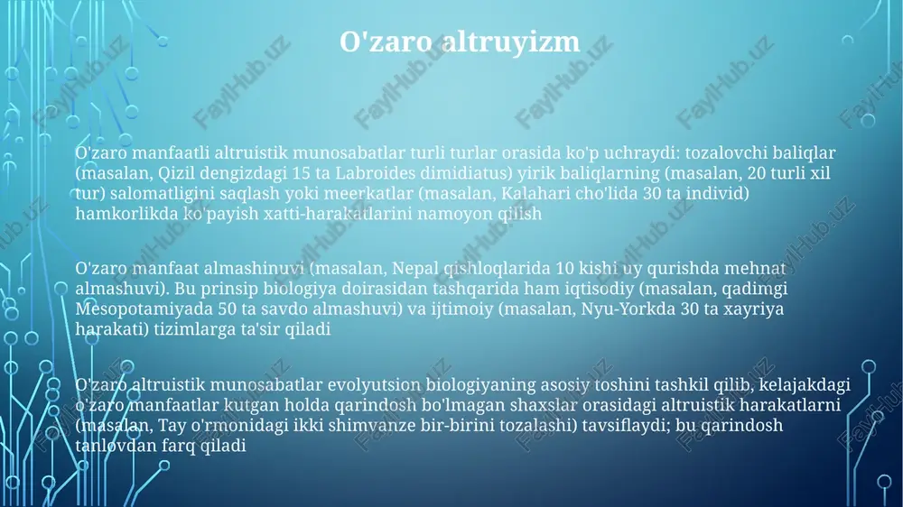 ijdagi kafelarda tabassum shunga o'xshash javobni keltirib chiqarishi mumkin, bu ijobiy ta'sirning yashirin almashinuvini ko'rsatadi inson munosabatlari mukofotlarni (masalan, ijtimoiy tasdiq, resurslar) maksimal darajada oshirish va xarajatlarni (masalan, vaqt, kuch) minimal darajada kamaytirishga qaratilgan tranzaksiyalar ekanligini ijtimoiy almashuv nazariyasi ta'kidlaydi sovg'a iqtisodiyoti hozirgi zamon sovg'a iqtisodiyotiga ochiq kodli dasturlash (masalan, linux), onlayn jamoalar va creative commons loyihalari misol boʻla oladi masel maussning "sovg'a" (1925) asari sovg'a almashinuvdagi ijtimoiy majburiyatlarni tahlil qilib, o'zaro munosabatlarning oddiy iqtisodiy bitimlardan tashqarida qanday ishlashini ko'rsatadi 15-asr papua-yangi gvineyasidagi kula halqasi va dunyo bo'ylab ko'plab mahalliy jamiyatlarda keng tarqalgan sovg'a iqtisodiyoti o'zaro sovg'a berishga asoslangan o'zaro munosabat normas o'zaro munosabat normasini buzish ijtimoiy sanktsiyalarga olib keladi. o'zaro munosabatlarning namoyon bo'lishi turlicha: umumlashgan o'zaro munosabatlar (masalan, ota-onalarning bolalarga g'amxo'rligi) tengsiz almashinuvni, muvozanatli o'zaro munosabatlar (masalan, do'stlar orasidagi sovg'alar) maqbul muddat ichida taxminan teng almashinuvni, salbiy o'zaro munosabatlar (masalan, o'g'irlik) esa javobsiz foyda olishga urinishni anglatadi o'zaro munosabatlarni …