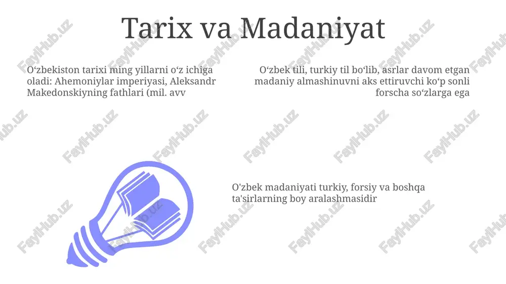 g xilma-xil turlarini o'z ichiga oladi zamonaviy o'zbek san'ati tarixiy ta'sirlar va zamonaviy yangiliklarni aks ettiradi. toshkentdagi o'zbekiston davlat san'at muzeyida turli davrlarni aks ettiruvchi katta to'plam mavjud. rassomlar milliy g'oya, ijtimoiy tanqid va globalizatsiya mavzusini rasm, haykaltaroshlik va inshootlar orqali o'rganadilar oʻzbekiston meʼmorchiligi merosi, samarqanddagi xv asr registon maydoni kabi taʼsirli islom meʼmorchiligi namunalarini oʻz ichiga oladi. uch madrasa (ulugʻbek madrasasi, sher-dor madrasasi va tilya-kori madrasasi) unesconing jahon merosi roʻyxatiga kiritilgan odamlar va jamiyat an'anaviy patriarxal jamiyat tuzilmalari asta-sekin rivojlanmoqda, oliy ta'limda ayollar ishtiroki ortib bormoqda (taxminan 50%), ishchi kuchida ham, lekin ish haqi va siyosiy vakillik kabi sohalarda gender tengsizligi saqlanib qolmoqda paxta yetishtirish va resurslarni qazib olish (oltin, uran) hisobiga katta kambagʻallikka qarshi kurash natijasida daromadlar tengsizligi ortdi. hukumat taʼlim, sogʻliqni saqlash (400 kishiga 1 shifokor) va kambagʻallikni kamaytirishga qaratilgan ijtimoiy dasturlarni faol ravishda qoʻllab-quvvatlaydi, bu millionlab odamlar hayotiga taʼsir qiladi o'zbekiston aholisi 35 milliondan oshib, toshkent, …