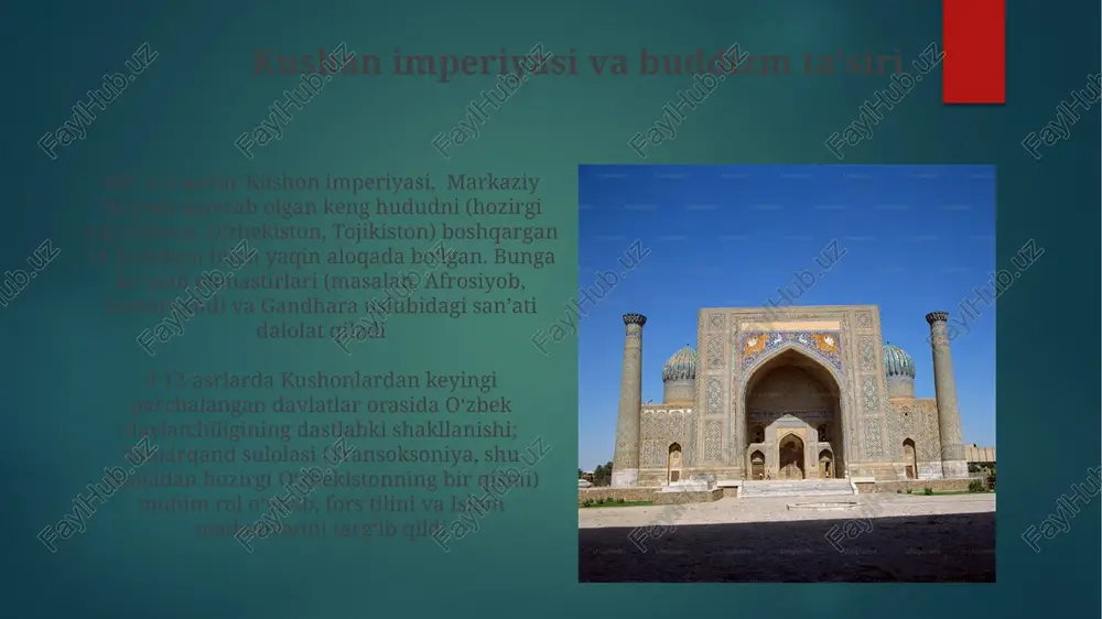 temur hukmronligi temur davri oʻzbek davlatchiligining shakllanishiga markazlashgan boshqaruv, harbiy tashkilot, shaharsozlik va madaniy homiylik merosi orqali katta taʼsir koʻrsatdi. temuriylar imperiyasi infratuzilmasi va badiiy yutuqlari (masalan, samarqanddagi registon maydoni) mintaqaga taʼsirini davom ettirdi temur (amir temur), taxminan 1336-yilda kesh (hozirgi shahrisabz, o'zbekiston)da tug'ilib, 1405-yilga kelib eron, markaziy osiyo (hozirgi o'zbekiston, turkmaniston, qozog'iston, qirg'iziston, tojikiston), kavkazning ayrim qismlari, anadolu va hindistonni o'z ichiga olgan keng hududni egallagan temuriylar imperiyasini barpo etdi aleksandr makedonskiyning fathi va uning ta'siri aleksandrning miloddan avvalgi 329-yilda sogʻdiana (hozirgi oʻzbekiston)ni zabt etishida turli mahalliy aholi, jumladan, baktriylar va sogʻdiylar keng imperiyasiga birlashtirildi va kelajakdagi siyosiy tuzumlarga taʼsir koʻrsatdi. aleksandriya eshate kabi yunon aholi punktlari paydo boʻlib, shaharsozlik va madaniy almashinuvga taʼsir koʻrsatdi. aleksandrning miloddan avvalgi 323-yilda vafotidan keyin selevkiylar imperiyasi bu hududni nazorat qildi, dastlab ellinistik ta'sirlarni saqlab qoldi, lekin asta-sekin mahalliy hokimiyat kurashlari va ko'chmanchi bosqinlaridan aziyat chekdi. bu beqarorlik davri kelajakda o'zbekiston hududlarida mustaqil …