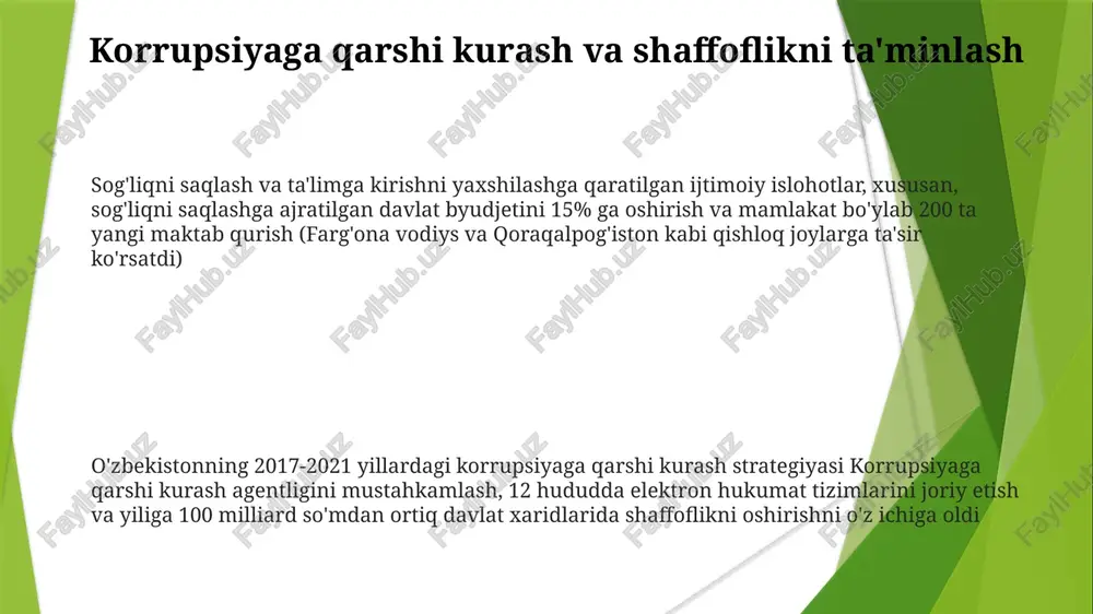 an ortiq fuqaro), mobil tibbiyot xizmatlarining kengayishi (qishloq joylarni qamrab olish), jamoat transportida 15% subsidiya oshishi va nogironlar nafaqalarining kengayishi (20 ming kishi qoʻshimcha). ayollar huquqlari va imkoniyatlari 1991-yildagi mustaqillik o'zbekistondagi ayollarga ta'sir etgan muhim qonun islohotlarini, jumladan, 1998-yildagi oila kodeksining nikoh, ajrashish (toshkent sudlarida ajrashish ishlari ko'paygan) va meros masalalarida gender tengligini qo'llab-quvvatlovchi o'zgartirishlarini keltirib chiqardi o'zbekiston ayollarning mehnat faoliyatidagi ishtiroki (2010 yildagi 40% dan 2023 yilda 45% ga yetdi) taraqqiyotni aks ettiradi, ammo sohalar bo'yicha notekis, ta'lim (o'qituvchilarning 55%) va sog'liqni saqlash sohalarida texnologiya yoki siyosatga qaraganda yuqori ijtimoiy va iqtisodiy islohotlar ijtimoiy himoya dasturlari kengayib, 3 million zaif fuqaroni pensiya, bolalar nafaqasi (mamlakat bo'yicha taxminan 50% oshdi) va ishsizlik nafaqalari bilan qamrab oldi, bu mamlakatning 450 000 kv.km hududida yanada inklyuziv ijtimoiy himoya tizimiga o'tishni ko'rsatadi. din faoliyati uchun davlat ro'yxatdan o'tish majburiy; 2023 yildagi vijdon va diniy tashkilotlar erkinligi to'g'risidagi qonun shaffoflikni yaxshilashga qaratilgan bo'lsa-da, ayniqsa, …