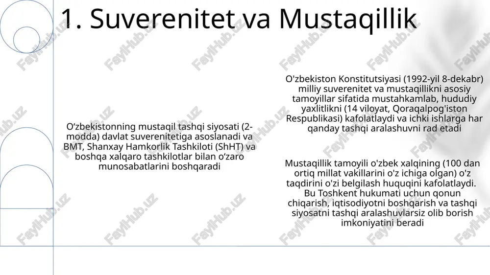 g huquqiy tizimi qonun ustuvorligi muhitida iqtisodiy rivojlanishga sodiqligini aks ettiradi. savdo kodeksi, soliq kodeksi va chet el investitsiyalari to'g'risidagi qonun nisbatan barqaror tartibga solish muhitini yaratadi, biroq byurokratik to'siqlar saqlanib qolmoqda o'zbekistonning 1992-yil konstitutsiyasi va keyingi qonunlarida mustahkamlangan iqtisodiy tamoyillari bozor liberallashtirishini, xususiy mulk huquqlarini (42-modda) va xorijiy investitsiyalarni jalb qilishni (mustaqillikdan beri 30 milliard dollardan ortiq to'g'ridan-to'g'ri xorijiy investitsiyalar) yimning o'rtacha 5,1% (2017-2022 jahon banki ma'lumotlari) o'sishini ta'minlashga yo'naltirilgan 6. iqtisodiy printsiplar o'zbekiston konstitutsiyasi 110-116-moddalarda mahalliy o'zini o'zi boshqarishni (mob) mustahkamlab, 12 viloyat, qoraqalpog'iston va toshkent shahri mahalliy kengashlarining avtonomiyasini kafolatlaydi. mob milliy qonunlar doirasida ishlab, barcha 12 viloyat va poytaxtda bir xil qo'llanilishini ta'minlaydi markaziy va mahalliy hokimiyatlar o'rtasidagi vakolatlar taqsimotini belgilaydigan asosiy tamoyillar 1000 dan ortiq mahalliy hokimiyatlarda milliy manfaatlarni mintaqaviy ehtiyojlar bilan muvozanatlashtiradi. mahalliy byudjetlar uchun milliy byudjet orqali ajratiladigan moliyaviy mustaqillik asosiy omil hisoblanadi mahalla va tuman kengashlari mahalliy ishlarni boshqaradi. 2019 yildagi mahalliy …