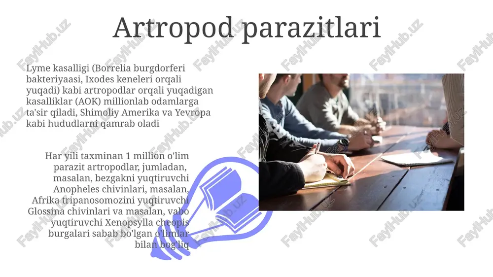 i (plasmodium falciparum, p. vivax va boshqalar) endemik hududlarda (masalan, tropik afrika, janubi-sharqiy osiyo) qon tarkibidagi parazit antigenlarini aniqlaydigan tezkor diagnostika testlari (rdt) yordamida amalga oshiriladi. mikroskopiya "oltin standart" bo'lib qoladi, lekin malakali mutaxassislarni talab qiladi molekulyar diagnostika molekulyar diagnostikada pcr, elisa va maldi-tof mass-spektrometriyasi qoʻllanilib, jahon miqyosida klinik namunalardagi (qon, najas, toʻqima) parazitlar, masalan, plasmodium (malyariya), leishmania (leyşmaniyoz) kabi patogenlar aniqlanadi. bu, sahroi afrikadan va janubiy amerikadan millionlab odamlarga taʼsir qiladi. zoonotik parazitar kasalliklar 01 02 e'tiborga olinmagan tropik kasalliklar (etk), masalan, shisitosomoz (salivon oraliq xo'jayinlari, global miqyosda 200 mln sales 1st qtr 2nd qtr 100 0 sales 1st qtr 2nd qtr 100 0 parazitar infektsiyalarni oldini olish va nazorat qilish profilaktika gigiena (qo'l yuvish, xavfsiz ovqat tayyorlash) va profilaktik choralarga (masalan, janubiy amerika kabi hududlarga sayohat qiluvchilar uchun maliyariyadan himoya qilish uchun meflokvin) urg'u beradi parazitar kasalliklar diagnostikasi turli usullarga tayanadi: najas namunalarini mikroskopik tekshirish (masalan, entamoeba histolytica …