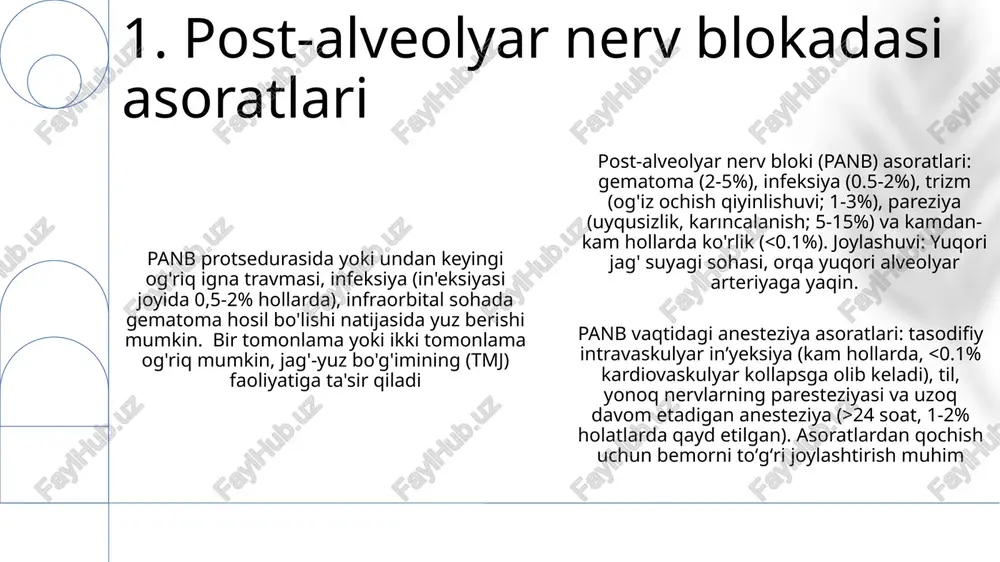 iy ogʻriq, ayniqsa, infraorbital (35%) va mental (20%) nervlarda, diabet yoki gipertenziyasi boʻlgan bemorlarda (15%) koʻproq uchraydi. ogʻriq intensivligi (vas ballari: 6-8) inʼyeksiya joyidagi gematoma (12 holat) va igna travmasi (8 holat) bilan bogʻliq. davolash farmakologik aralashuvlarni (gabapentin, amitriptilyin – 70%), fizioterapiyani (25%) va 10% hollarda jarrohlik amaliyotini (birmingemda 2 ta holat) o'z ichiga oldi. 6 oylik kuzatuv natijalariga ko'ra, bemorlarning 60%ida og'riq qisman yo'qoldi, 20%ida to'liq yo'qoldi va 20%ida og'riq saqlanib qoldi. 6. klinikiy holatlar: og'riq asoratlari pana asoratlarida kuzatilgan og'riq xususiyatlari: o'tkir, kuyishga o'xshash, sanchish, karıncalanish, uyushish (paresteziya), chuqur og'riq (joylashuv va nervga bog'liq), yuz, lab yoki ko'zga tarqaluvchi og'riq, intensivligi individual (0-10 ball shkalasi), og'riq joylashuvi ta'sirlangan nervga (infraorbital, katta palatin, nazopalatinal) bog'liq. 7. og'riqni boshqarish strategiyasi e'tiboringiz uchun rahmat @taqdimot_robot image1.png image2.png image3.png image4.png image5.png image6.png image7.png image8.png