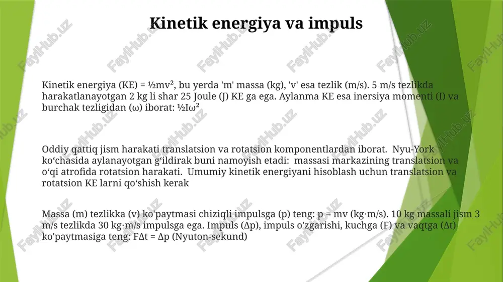 rda nuqtaning radius vektori r = xi + yj + zk parallel harakatlanadi nyu-york shahrida tekislikda (x,y) 2 metr sharqqa (δx=+2m) va 1 metr shimolda (δy=+1m) harakatlanayotgan quti (qattiq jism) siljish vektori bilan ifodalanadi. yakuniy holati vektorlarni qo'shish orqali topiladi va yer koordinata sistemasidagi oddiy siljishni ko'rsatadi. 10 kg li to'g'ri to'rtburchak blok markazi london omborida (1,2,3) metrdan (4,5,6) metrga ko'chsa, siljish vektori δr = 3i + 3j + 3k metr jisimning aylanishini hisobga olmasdan translatsion harakatini ifodalaydi. bu kuch va impuls hisob-kitoblarini soddalashtiradi. o'q atrofida aylanish o'q atrofida aylanish (masalan, yer o'qi 23,5° burchak ostida), sodda qattiq jism harakatini aniqlaydi. burchak tezligi (ω, rad/s) va burchak tezlanishi (α, rad/s²) aylanma kinematikani tavsiflaydi 1 kg li silindrning nyu-york shahrida 5 rad/s tezlikda aylanish kinetik energiyasini hisoblash uchun uning radiusini bilish kerak. tashqi moment yo'qligida burchak impulsi (l, kg⋅m²/s) saqlanadi. l = iω. sirpanuvchi konkida uchuvchining qo'llarini ichkariga tortib tezroq aylanishi …