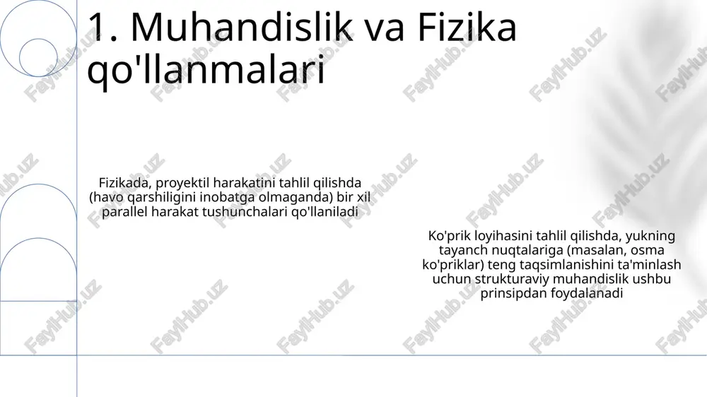 ing saqlanish qonuni inertia bo'lmagan sistemas inersial sistemasga nisbatan tezlanadi. ko'rinma kuchlar (masalan, yer ekvatorida 5 m/s² markazdan qochirma kuch yoki shimoliy kengliklarda proyektil harakatiga ta'sir etuvchi koriolis kuchi) paydo bo'ladi inertia sistemasida nyutonning 1-qonuni amal qiladi; bir xil parallel harakatdagi qattiq jism (3d dekart fazosida doimiy tezlik vektori v⃗ = (vx, vy, vz)) inersial sistemaga nisbatan holatini saqlaydi (masalan, uzoq yulduz sistemasiga yaqin) qattiq jismning bir xil parallel harakati: jismdagi barcha nuqtalarning tezlik va tezlanish vektorlari bir xil. uning harakatini tavsiflash uchun tanlangan koordinata sistemasida (masalan, yer yuzasidagi 20°n, 10°g) bitta holat vektori (x,y,z) va bitta tezlik vektori (vx,vy,vz) yetarli 7. inertia va inertsiya bo'lmagan havola sistemaslari 8. bir xil parallel harakatni ta'riflash translatsion harakatni tahlil qilish nyutonning ikkinchi qonunini (f=ma) massa markaziga qo'llashni o'z ichiga oladi. bir xil harakatda (a=0), qattiq jismga (masalan, yer atrofida doimiy tezlikda aylanayotgan sun'iy yo'ldoshga) ta'sir etuvchi tashqi kuchlar yig'indisi (f) nolga teng …