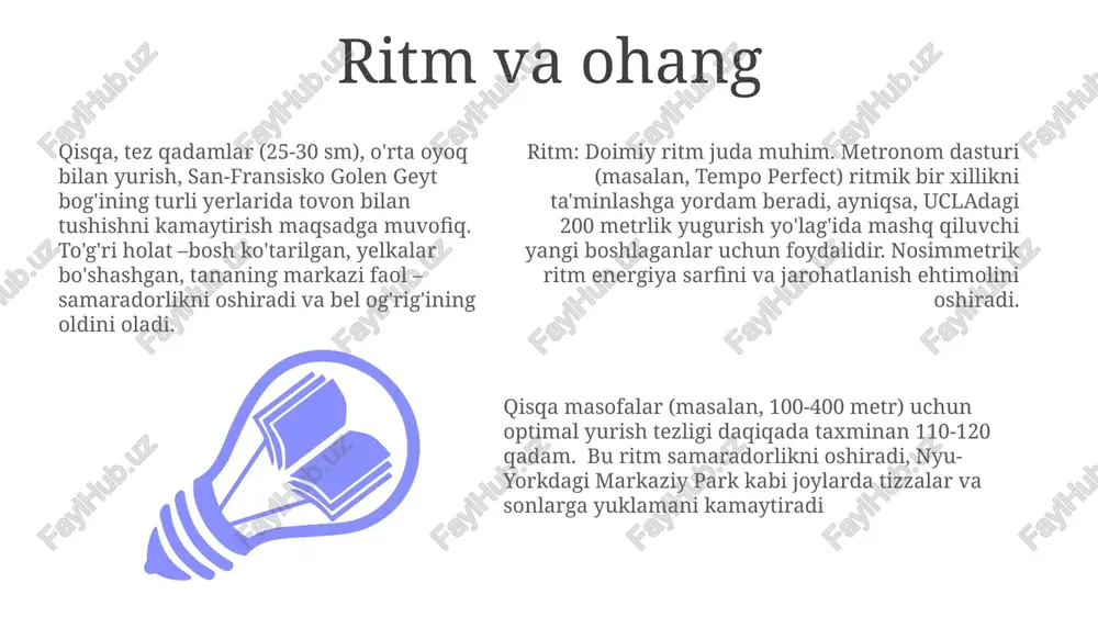 i. universitet kampuslaridan (masalan, stenford) tor mintaqalardagi jamoat yo'llarigacha turli joylarda samarali bo'lib, yurish samaradorligini oshiradi. badaningiz holati va to'g'riligi qisqa masofali yurishda to'g'ri turish (tik umurtqa, bo'shashgan yelkalar, qorin mushaklarini faollashtirish); daqiqada taxminan 100-120 qadam tezlikda yurish; qadamlar orasidagi silliq o'tish va zarbani kamaytirish; turli yuzalarda (o't, asfalt) mashq qilish moslashuvchanlikni oshiradi; oyoqning pronatsiyasi/supinatsiyasi tuzatish muhim ahamiyatga ega. qo'l silkitish va harakat qisqa masofali yurishda (≤100 metr) optimal qo'l silkinishi (30-40°/sek) harakat tezligini oshiradi, qadam uzunligini 5-10% ga uzaytiradi (tadqiqotlar aqshning florida shtatidagi keksa odamlarda o'rtacha 7% ga oshishini ko'rsatadi) ta'limda vizual namoyishlar (masalan, kaliforniya berkli universitetidan sekin harakatli video tahlil), keyin esa tekis va qiyalik (5-10°) yuzalarda takroriy mashqlar (10-15 takrorlash/set, 3 set/kun) qo'llaniladi keng tarqalgan xatolar: qo'l harakatining yetarlicha katta bo'lmagan amplitudasi ( 50 ms) va assimetrik harakat (o'ng va chap qo'l o'rtasidagi farq >10°). qarshilik tasmalari (2-5 kg) yoki yengil og'irliklar (0 e'tiboringiz uchun rahmat @taqdimot_robot …