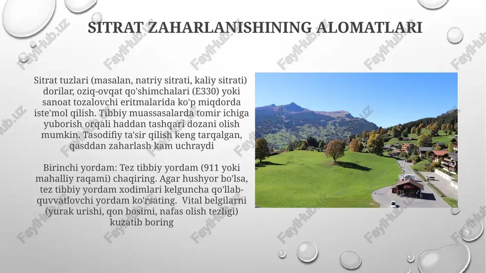 aharlanishini oldini olish sitrat zaharlanishi, asosan haddan tashqari tomir ichiga yuborish (masalan, >50 mmol/kg/soat) yoki ko'p miqdorda (masalan, >100 gramm) sitrat tuzlarini iste'mol qilish natijasida gipokaltsiyemiya, potentsial yurak aritmiyasi va tutqanoqlarga olib keladi tez tibbiy yordam chaqiring (aqshda 911, buyuk britaniyada 999). hayotiy belgilarni (yurak urishi, qon bosimi, nafas olish) kuzatib boring, nafas yo'llarini ochiq tuting, ko'ngil aynishi va qusishni davolang. qusishni chaqirmang sitrat zaharlanishining klinik holatlari ko'p miqdorda (masalan, 100 ml dan ortiq) sitrat saqlovchi mahsulotlarni (masalan, tozalovchi eritmalar, ba'zi dorilar) iste'mol qilish oshqozon-ichak yo'llari buzilishi, metabolik alkaloz va potentsial halokatli aritmiyalarga olib kelishi mumkin o'tkir sitrat zaharlanishi (≥5g natriy sitrati i.v.) gipokaltsiyemiya (qon zardobidagi kaltsiy 100 mg/dl), gipokaltsiyemiya (qondagi kaltsiy 50g natriy sitrati), tomir ichiga quyish (tibbiy xato; >2000ml konsentrlangan sitrat eritmalari), sanoat ta'siri (masalan, limon kislotasi zavodi, >100 ppm havo konsentratsiyasi). belgilari: gipokalsemiya (qondagi kaltsiy <8 e'tiboringiz uchun rahmat @taqdimot_robot image3.png image4.jpg image5.jpg image6.jpg image7.jpg image8.jpg image9.jpg …