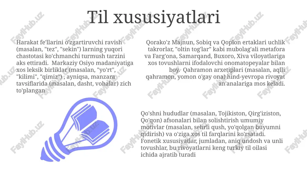 shdir, majnun va qoplon esa turlicha azoblarni boshdan kechirishadi qorakoz (buxoro), ayyorlik (3 marta) va chidamlilikni, majnun (nizomiy dostoni kabi) tutqun sevgini, sobiq (samarqand, 2 oila, 5 kishi) jamiyat ikkiyuzlamachiligini, qoplon (toshkent yaqinida, 1 qishloq, 4 yig'im hosilsiz) qishloq qiyinchiligini aks ettiradi. majnunning aqldan ozishi (7 ifoda, 12 she'r) qorakozning amaliy yondashuvi bilan qarama-qarshi; ikkalasi ham muhabbat murakkabliklarini boshdan kechirishadi, lekin qarama-qarshi usullar bilan. sobiqning axloqiy noaniqligi (6 shubhali harakat, 1 xiyonat) jamiyatning buzilishini aks ettiradi tarixiy ta'sirlar markaziy osiyo (masalan, o'zbekiston, tojikiston, qirg'iziston)da keng tarqalgan qadimgi rivoyatlar og'zaki an'analarga asoslangan turlicha variantlarga ega qo'rqoz majnun – 13-asr xorazm (hozirgi o'zbekiston/turkmaniston) epik she'ri, sufizm va o'g'uz-turkiy madaniyatiga xos xususiyatlarni aks ettirib, muhabbat, qurbonlik va ma'naviy sayohat mavzusini ochib beradi. layli va majnun hikoyasiga o'xshash bo'lib, ijtimoiy-siyosiy kontekstni ham namoyon qiladi. farg'ona vodiysidagi (o'zbekiston, qirg'iziston, tojikiston) qoplon rivoyatlari mahalliy folklor, fors adabiyoti uslublari va 19-20-asrlar rus imperiyasi ta'sirlari o'rtasidagi murakkab o'zaro …