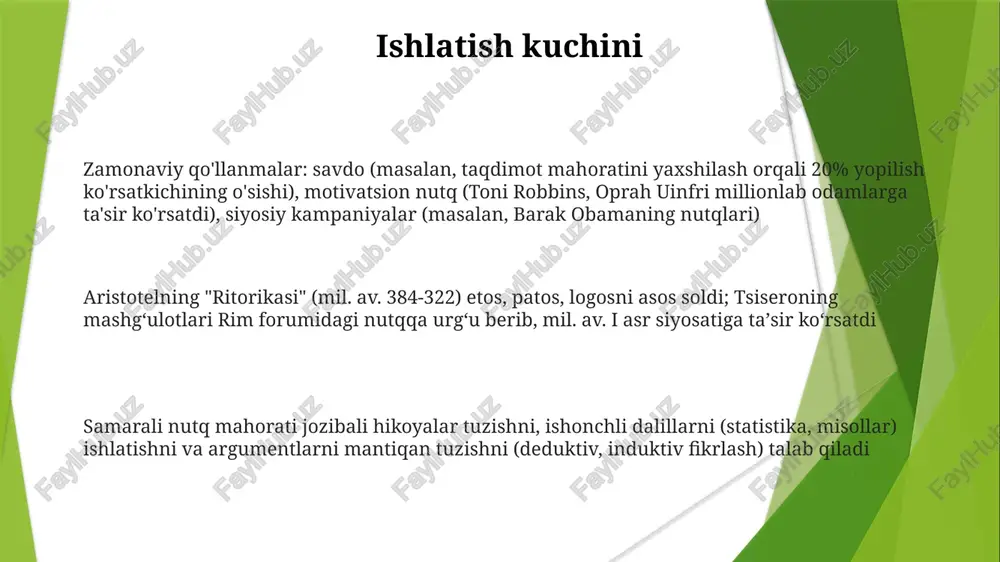 10 soatdan ortiq mashq qildim; men tayyorman") yordamida boshqaring ovoz texnikasi va etkazish elokution mashqlari talaffuz (ipa, regional shevalar), temp (sur’at, ritm), intonatsiya (balandlik, ohang o‘zgarishi), urg‘u (ta’kid, bo‘g‘in vaqti) va pauzalar (strategik sukutlar)ga qaratilgan. samarali elokuciya turli xil uslublarda, rasmiy nutqlardan (parlament bahslari) tortib norasmiy taqdimotlargacha (darslik ma’ruzalari), tinglovchilarning jalb etilishini yaxshilaydi. nafaas nazorati (diafragma nafas olish), rezonans (burun, og'iz, ko'krak), artikulyasiya (undosh va unli tovushlar), proeksiyasi (kuchaytirish, yetkazish kuchi) va ovoz salomatligi (suv ichish, dam olish)ni o'z ichiga oladi nutq mahorati vokal texnika va elokutsiyaga asoslanadi, ritorikani (aristotelning murojaatlari: etos, patos, logos), ishontirish tilini (metaforalar, taqqoslashlar), hikoyachilikni (rivoyat tuzilmasi), auditoriya tahlilini (demografiya, jalb qilish darajasi) va og'zaki bo'lmagan muloqotni (tananing harakati, ko'z aloqasi) birlashtiradi nutq tuzilishi va oqimi nutq san'ati: ishontirish usullari (etos, pathos, logos); dalillarni qo'llash (statistika, voqealar, mutaxassis fikrlari); tinglovchilarni tahlil qilish (demografiya, qadriyatlar, e'tiqodlar); esda qolarli yakunlovchi so'zlar; ikkinchi jahon urushi davridagi kuchli nutqlari bilan …