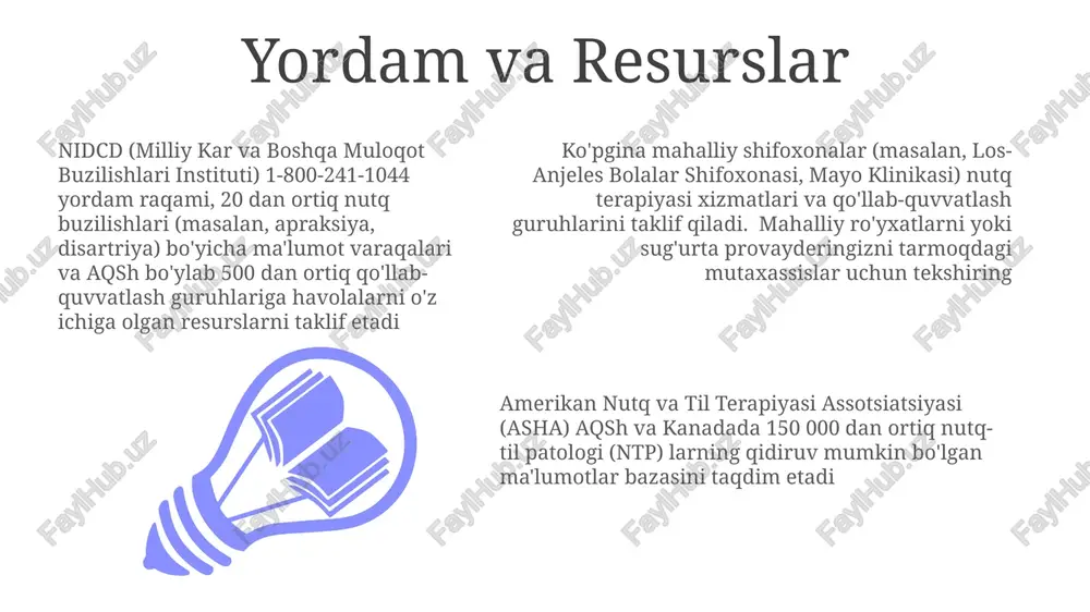 yo'llariga ta'sir etgan 15% hollarda bosh miya travmasi, artikulyatsiya, ravonlik va miyaning turli sohalaridagi tilga ta'sir qiladi). tuzilish anomaliyalari (masalan, aqshda 700 tug'ilishdan 1 tasida uchraydigan tanglay yorig'i, velofaringeal yetarlimasligiga, artikulyatsiyaga ta'sir qiladi; laringeal saraton, ovoz burmalarining funksiyasiga ta'sir qilib, disfoniyaga olib keladi; tonzillektomiya va adenoidektomiya bolalarda vaqtinchalik nutq muammolariga sabab bo'lishi mumkin). e'tiboringiz uchun rahmat @taqdimot_robot image1.jpeg image2.jpeg image3.jpeg