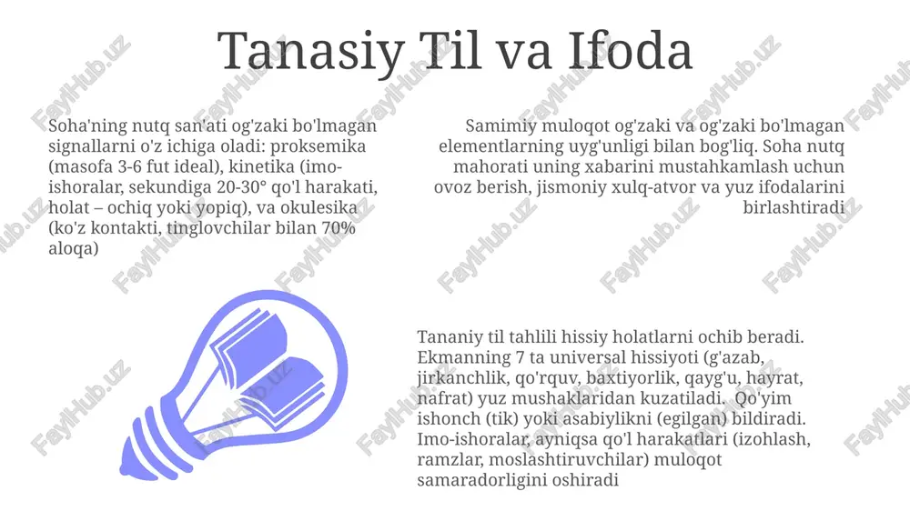 e'tiborni tortdi. ovozining balandligi 3 ta ovoz darajasini o'lchash asbobi bilan o'lchanganida 70 desibeldan oshdi 10 ta turli qit'adan olingan 10 ta videotasvir tahlili (tan til, yuz ifodalari, imo-ishoralar) barcha holatlarda tomoshabinlarning 80% bilan uzluksiz ko'z aloqasini ko'rsatdi ovoz texnikasi va taqdimot sharjada individual, guruh va korporativ moslashtirilgan dasturlar: lahja tuzatish (rp, amerika, 2 mintaqaviy lahja), ovozli aktyorlik (personaj ovozlari, 6 turdagi ovoz) va suhbat malakalari (og'zaki muloqot, 5 savolga tayyorgarlik) yetkazish bo'yicha mashg'ulotlar ovoz rang-barangligini (balandlik, tezlik, 7-to'nli gammalar), pauza texnikasini (maqsadli jimlik, 4-tur pauza) va ovoz ifodaliyligini (hissiy diapazon, 10-hissiy mashqlar) o'z ichiga oladi soha'ning nutq san'ati vokal texnikalari nafasni boshqarish mashqlari (diafragma nafas olish, 3 qismli nafas olish), artikulyatsiya mashqlari (til buzg'unchilar, 20 fonema mashqi) va rezonansni o'rganishni (burun, og'iz va ko'krak rezonansi, 5 ta asosiy vokal sohasiga qaratilgan) o'z ichiga oladi e'tiboringiz uchun rahmat @taqdimot_robot image1.jpeg image2.jpeg image3.jpeg