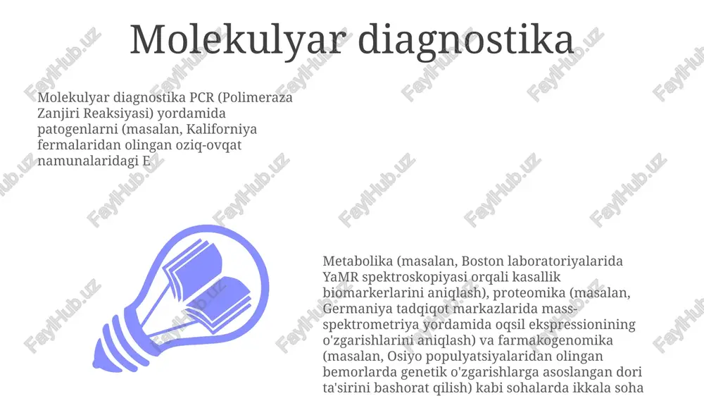 etabolitlar) aniqlash va miqdorini o'lchash uchun spektrofotometriya, xromatografiya (yuyux, yupqa qatlamli xromatografiya) va elektroforez (sds-page, 2d-page) usullaridan foydalanadi. jahon klinik laboratoriyalari va farmatsevtika tadqiqot markazlarida kasalliklarni tashxislash va dori vositalarini ishlab chiqishda qo'llaniladi. mass-spektrometriya nishonlangan ms tahlillari (masalan, tanlangan reaksiya monitoringi, srm) aniq molekulalarni miqdorini aniqlaydi, bu esa maqsadsiz usullarga nisbatan sezuvchanlik va samaradorlikni oshiradi. ko'p reaksiyali monitoring (mrm) texnologiyalari klinik diagnostika, farmakokinetika va atrof-muhit monitoringida (masalan, oziq-ovqatdagi pestitsid qoldiqlari) keng qo'llaniladi oqsillarni mass-spektrometriya (ms) yordamida biokimyoviy tahlil qilish fosforillanish (ser, thr, tyr qoldiqlarida) yoki glikosillanish (n-bog'langan, o-bog'langan) kabi translatsiyadan keyingi o'zgarishlarni aniqlaydi. miqdorini aniqlash izotopik markalash (masalan, silac, icat) yoki markalasiz usullarni o'z ichiga oladi biokimyoviy tahlilda mass-spektrometriya (ms) molekulalarni (masalan, peptidlar, metabolitlar) m/z nisbatlari orqali miqdor jihatdan aniqlaydi immunoassayslar elisa testlari biologiya namunalaridagi (qon zardobi, siydik) antigen yoki antitellarni ferment bilan bogʻlangan antitellar yordamida aniqlaydi; natijalar 450 nm da spektrofotometrik usulda oʻlchanadi va klinik diagnostikada yuqori sezuvchanlik va …
