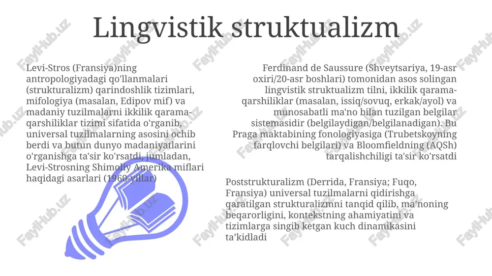 truktsiya (derrida); universal tuzilmalarni qidirishga tanqidiy qarash; hokimiyat munosabatlari (fuqo); diskurs tahlili; matnning noaniqligi; ikkilik qarama-qarshiliklarga qarshi chiqish; fransiya, 20-asrning oxiri. lakaniy strukturizm (psixoanaliz): ongsiz til singari tuzilgan (sosür); ramziy (til), xayoliy (tasavvurlar, noto'g'ri anglash), real (ramzlashning iloji yo'q) uch tartib; edipov kompleksi markaziy o'rinda; adabiyotshunoslik, post-strukturizmda ta'sirli. fransiya, xx asr. e'tiboringiz uchun rahmat @taqdimot_robot image1.jpeg image2.jpeg image3.jpeg