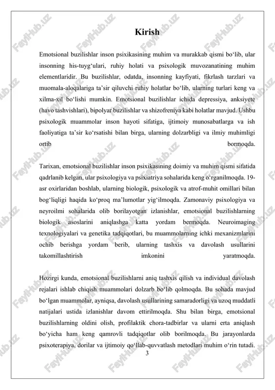 ro ta’siri natijasidir. emotsional buzilishlarning asosiy xususiyatlaridan biri, ular odatda, kayfiyatdagi uzoq davom etadigan o‘zgarishlar bilan namoyon boʻladi. masalan, depressiya holatida inson uzoq vaqt davomida kayfiyatining pasayishi, umidsizlik, qiziqish va zavqning yo‘qolishi kabi simptomlarni boshdan kechiradi. bu holat insonning kundalik hayotiga, ish faoliyatiga va ijtimoiy munosabatlariga keskin ta’sir qiladi. boshqa tomondan, bipolyar buzilishlar kayfiyatning tebranishi bilan xarakterlanadi, bu esa insonning ruhiy holatining tez-tez o‘zgarishi va muvozanatni saqlashda qiyinchiliklarga olib keladi. emotsional buzilishlarning turlari juda keng va xilma-xil bo‘lib, ular psixopatologik holatlarning turli shakllarini o‘z ichiga oladi. ularning eng keng tarqalganlaridan biri depressiya, anksiyete (havo tashvishlari), bipolyar buzilishlar va shizofreniya hisoblanadi. har bir turli buzilishning o‘ziga xos simptomlari, rivojlanish mexanizmlari va davolash usullari mavjud. masalan, depressiya odatda uzoq davom etadigan kayfiyat pasayishi va umidsizlik bilan xarakterlanadi, anksiyete esa doimiy xavotir, qattiqlik va tashvish bilan kechadi. bipolyar buzilishlar esa kayfiyatning yuqori (maniyalik) va past (depressiv) holatlarining almashinishidan iborat bo‘lib, insonning ruhiy holatida …