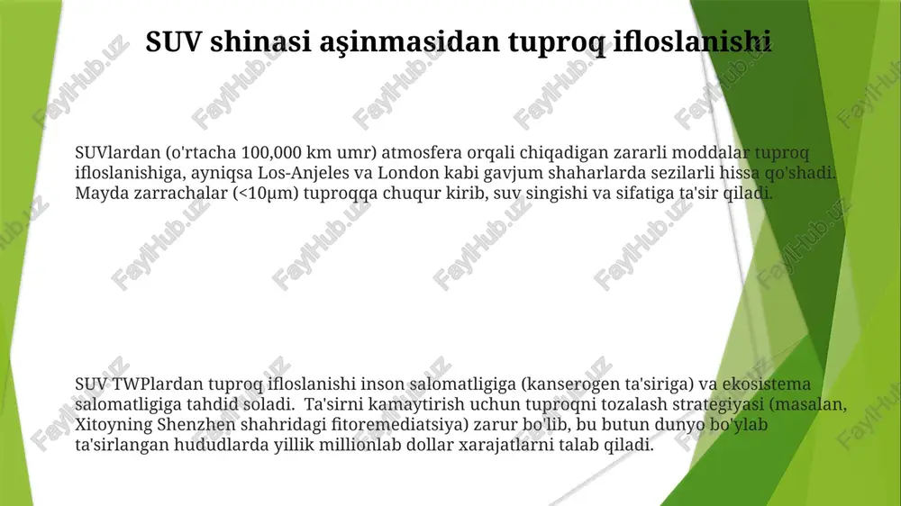 bil uchun 10 tonna co2 ga qarshi ixcham model uchun 6 tonna) katta hajmdagi avtomobillar shovqini turli tuproq organizmlariga (yer qurti, hasharotlar) ta'sir etib, bioxilmaxillikni kamaytiradi. tadqiqotlar shuni ko'rsatadiki, avtomobil yo'llari yaqinida hasharotlar soni 10-20% ga kamayadi (masalan, germaniya va buyuk britaniyadagi tadqiqotlar) suv chiqindilari va havoning sifati katta hajmdagi avtomobillar (suv)ning mashhurligi oshishi (2023-yil 3-choragida global sotuvlar 15 million dona yetdi, ihs markit) dunyoning yirik shaharlaridagi (masalan, dehlidagi, pekindagi) zarracha moddalar (pm) konsentratsiyasining oshishi bilan to'g'ridan-to'g'ri bog'liq bo'lib, ko'rinishga va nafas olish salomatligiga ta'sir qiladi suvlarning egzoz chiqindilari (co2, metan, boshqa pkglar) iqlim o'zgarishiga katta hissa qo'shadi, yuqori harorat va ekstrem ob-havo hodisalari orqali havo sifatiga bilvosita ta'sir qiladi. tadqiqotlar shuni ko'rsatadiki, bir mil yurishda co2 izlari kompakt avtomobillarga nisbatan 25-35% yuqori (epa ma'lumotlari) 2022-yilda yangi avtomobil sotilishiga 40% hissa qo'shgan suvlar (aaa) kichik avtomobillarga nisbatan ancha ko'p nox va pm2 suv yoqilg'i sarfi va ekologik ta'siri tuproq yo'llar …