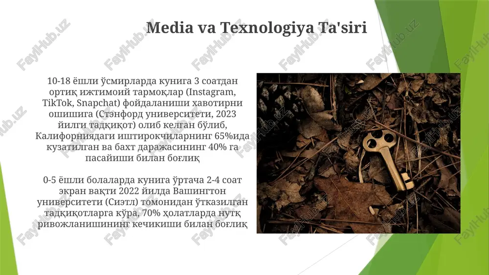 i mamlakatlarda) va tarbiya uslublari (avtoritar, avtoritativ, erkin, beparvo) bolaning rivojlanishiga (juda bogʻlanish nazariyasi, bolbi) katta taʼsir koʻrsatadi resurslar va imkoniyatlarga kirish harlem (yuqori qashshoqlik) va beverly hills (yuqori farovonlik) kabi mahallalardagi ijtimoiy-iqtisodiy ahvol ozuqaviy ovqatga, xavfsiz turar joyga (ba'zi pochta indekslarida bolalarning 25%ida qo'rg'oshin bo'yog'i ta'siriga) va ijobiy o'rnaklarga kirish imkoniyatiga bevosita ta'sir qilib, kognitiv rivojlanish va kelajak istiqbollarini shakllantiradi. tengdosh ta'siri tengdosh ta'siri o'smirlar rivojlanishiga (jahon bo'yicha 10-19 yosh) sezilarli ta'sir ko'rsatib, xulq-atvor, munosabatlar (masalan, londonda xavf-xatarlarni qabul qilish, kaliforniyada giyohvand moddalarni iste'mol qilish) va o'qish natijalarini (aqshning ko'plab maktablarida o'rtacha ballar bilan bog'liqlik) shakllantiradi madaniy kontekst (individualistik va kollektivistik madaniyatlarning yaponiya va aqshda bolani tarbiyalashga ta'siri) va qo'shni muhit (chikagodagi zo'ravonlik, jinoyat darajasi yoshlarning rivojlanishiga ta'siri) muhim rol o'ynaydi muhim hayot voqealari 1950-yillardagi alabama qishloqlarida kambagʻal paxta yetishtiruvchi oilasida tarbiyalangan; 7 aka-uka va opa-singil; irqiy segregatsiyaning katta taʼsiri; cheklangan taʼlim imkoniyatlari; kuchli mehnatsevarlik tarbiyasi. chikagoga ko'chish (1965); …