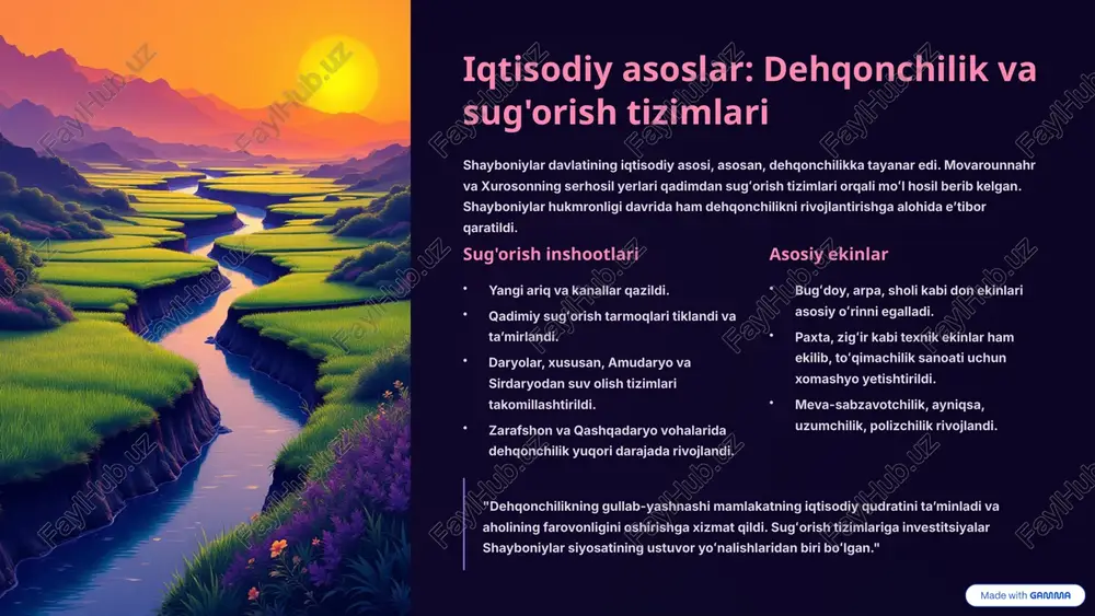 va usmonli imperiyasi bilan faol savdo aloqalari olib borildi. eksport va import mintaqadan asosan ipak, paxta matolari, xurmo, quritilgan mevalar, charxpalak va hunarmandchilik mahsulotlari eksport qilinar edi. tashqaridan esa metal buyumlar, chinni, qimmatbaho toshlar, ziravorlar va baʼzi oziq-ovqat mahsulotlari olib kelinar edi. karvonsaroylar savdo yoʻllari boʻylab koʻplab karvonsaroylar qurilgan boʻlib, ular savdogarlar va ularning mollarini himoya qilish, shuningdek, dam olish va mahsulotlarni saqlash uchun xizmat qilgan. bu karvonsaroylar savdo aloqalarini mustahkamlashda muhim rol oʻynagan. 4 shaharlar va hunarmandchilik: samarqand, buxoro kabi markazlar shayboniylar davrida movarounnahr shaharlari oʻzining iqtisodiy va madaniy ahamiyatini saqlab qoldi. ayniqsa, samarqand va buxoro mintaqaning nafaqat siyosiy, balki hunarmandchilik va savdo markazlari sifatida ham gullab-yashnadi. buxoro shayboniylar davrida buxoro ilmiy va madaniy markazga aylandi. bu yerda koʻplab madrasalar, masjidlar va karvonsaroylar qurildi. hunarmandchilikning turli sohalari, jumladan, kulolchilik, zargarlik, toʻqimachilik va misgarlik rivojlandi. samarqand samarqand ham oʻzining tarixiy shon-shuhratini saqlab qoldi. bu yerda qogʻoz ishlab chiqarish, ipakchilik, metallga …