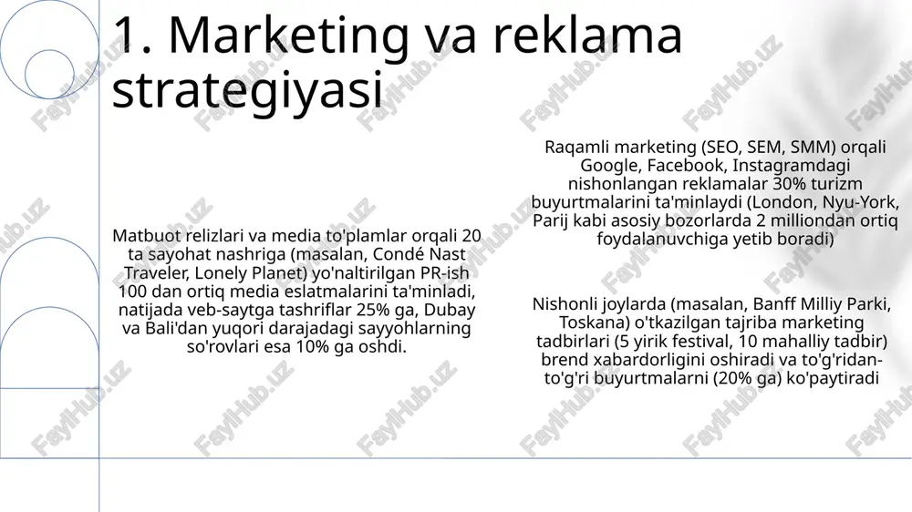 va inklyuziyasi uchun muhimdir. 9. kelajak istiqbollari va prognozlar osiyo-tinch okeani turizm bozori, 2020-2021 yillardagi qiyinchiliklarga qaramay, tez tiklanmoqda. xitoy, yaponiya va janubiy koreya asosiy manba bozorlarini, tailand, singapur va maldiv orollari esa eng mashhur sayyohlik joylarini ifodalaydi, ko'plab hududlarda kunlik o'rtacha xarajatlar sayyohga 150 dollardan oshadi. 2022-yilda xalqaro sayyohlar sarfi 1,7 trillion dollarga yetdi, yevropa (ayniqsa, fransiya, ispaniya, italiya) katta ulushni egalladi. eng ko'p sarf-harajatlar turar joy (30%), oziq-ovqat va ichimliklar (25%) hamda transport (15%)ga to'g'ri keldi. ichki turizm katta hissa qo'shadi; 2023 yilda aqshda 1,8 milliard ichki sayohat amalga oshirildi, bu 800 milliard dollar daromad keltirdi. asosiy xarajat yo'nalishlari milliy parklar (yelloustoun, yosemite), tema parklar (orlando, anaheim) va yirik shaharlar (nyu-york, las-vegas)ni o'z ichiga oladi. 10. sayyohlar xarajatlari sun'iy intellektli shaxsiy sayohat rejalashtirish (masalan, chatgpt integratsiyasi) 2023-yilda rim va parij kabi yirik yevropa shaharlarida bron qilish stavkalarini 15% ga oshirdi, bu expedia va booking janubiy-sharqiy osiyoda (masalan, tailand, …