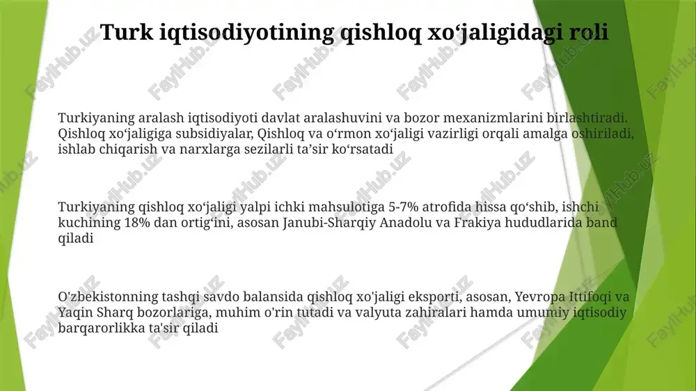 i kamaydi, türk telekom va turkish airlines kabi davlat korxonalari xususiylashtirildi. bu esa yaim o'sish sur'atlariga (o'rtacha 5%) va to'g'ridan-to'g'ri xorijiy investitsiyalar oqimiga (ba'zi yillarda yiliga 20 milliard dollardan oshiq) ta'sir ko'rsatdi globalizatsiyaning turkiya ustiga ta'siri globalizatsiyaning turkiya qishloq xoʻjaligiga taʼsiri yevropa ittifoqining subsidiyalangan qishloq xoʻjalik mahsulotlari bilan raqobat kuchayishiga, anadoli dehqonlarining daromadliligi pasayishiga va turkiya qishloq xoʻjaligi sektorida tuzilmaviy islohotlar zarurligiga, shuningdek, ankara va istanbul kabi yirik shaharlarga qishloq aholisining koʻchishiga olib keldi. turkiyaning jjahoga qoʻshilishi (1995) eksportning, ayniqsa toʻqimachilik va avtomobilsozlik kabi sohalardagi sezilarli oʻsishini tezlashtirdi, bu 2000-yillardagi iqtisodiy yuksalishga taʼsir koʻrsatdi, lekin jahon bozorlariga bogʻliqlikni ham oshirdi, 2008-yilgi global moliyaviy inqiroz istanbul moliya sektoriga taʼsir koʻrsatdi. turkiya iqtisodiyotining tarixiy sharhi turkiyaning iqtisodiy tizimi bozor iqtisodiyoti va davlat aralashuvining elementlarini birlashtiradi. xususiy sektor ustunlik qiladi, lekin davlat korxonalari energetika va transport kabi strategik sohalarda ta'sirini saqlab qolgan 1950-yillardan keyin turkiyaning asosan qishloq xo'jaligiga asoslangan iqtisodiyoti importni almashtirish siyosati …