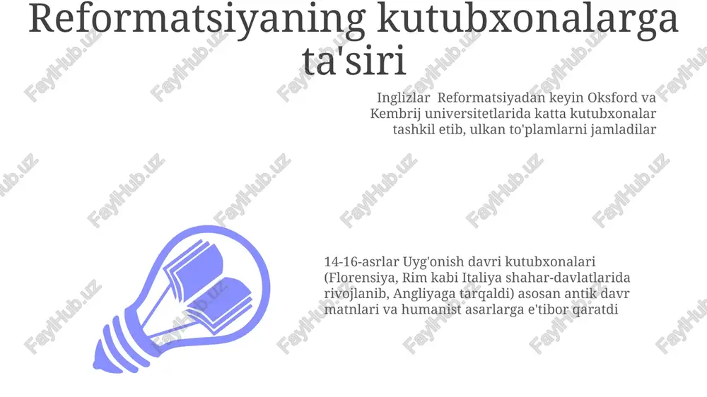 'riyatni o'z ichiga olgan turli xil humanist asarlarini namoyish etdi aqshda uyg'onish davri kutubxonalari rivojlanishi yevropa tendentsiyalariga keyinroq ergashgan. dastlabki mustamlaka kutubxonalari (harvard, uilyam va meri) dastlab diniy matnlarga e'tibor qaratgan, lekin asta-sekin gumanist ideallarini va klassik adabiyotni o'z ichiga olgan 14-16-asrlar uyg'onish davri gumanizmi buyuk britaniya (britaniya kutubxonasi, bodli kutubxonasi, oksford) va aqsh (keyinchalik rivojlangan, lekin yevropa namunalariga ta'sirlangan) kutubxona to'plamlariga katta ta'sir ko'rsatib, klassik matnlar (yunon va rim yozuvchilari), gumanistik ilmlar (petrarka, erasmus) va mahalliy adabiyotga urg'u berdi e'tiboringiz uchun rahmat @taqdimot_robot image1.jpeg image2.jpeg image3.jpeg