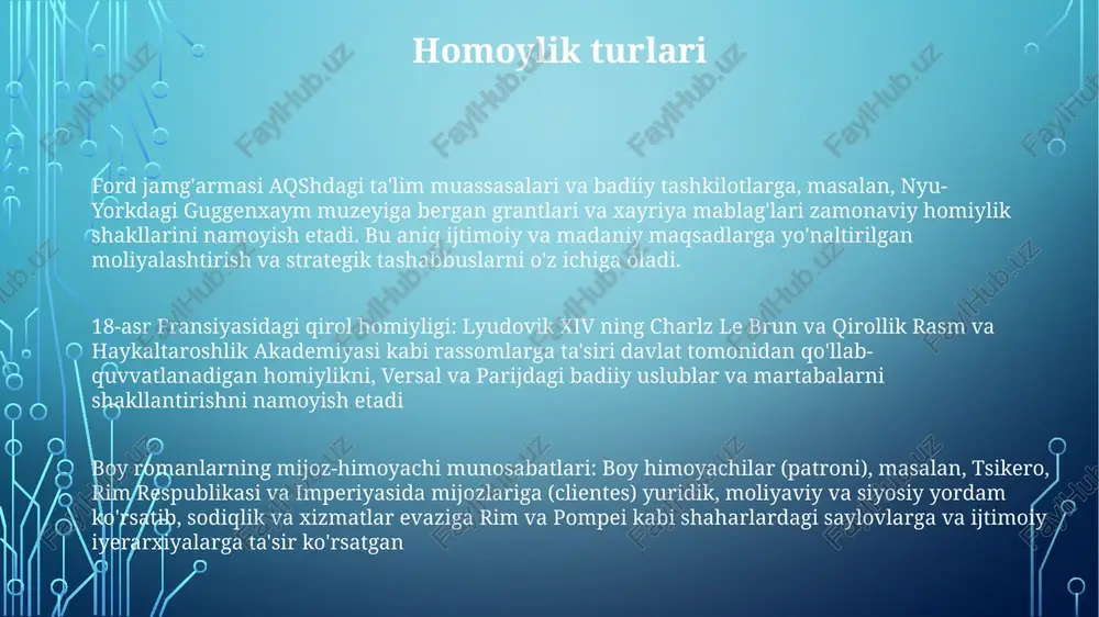 surslar izlayotgan zaif shaxslar) o'rtasidagi notekis almashinuvni o'z ichiga oladi homiylik va korrupsiya 20-asr meksikasidagi siyosiy homiylik prezidentlarning davlat resurslaridan foydalanib, tarafdorlarini daromadli shartnomalar va davlat lavozimlari bilan mukofotlashiga bog'liq edi 18-asr neapolidagi homiylik tarmoqlari, ayniqsa, vitseroy kabi kuchli shaxslarning keng ta'sirini, sodiqlarga (lavozimlar, shartnomalar) mehr-muhabbat ko'rsatishini, ko'pincha pora yoki xizmatlar evaziga, davlat va sud tuzilmalarida keng tarqalgan korruptsiyani kuchaytirdi va mahalliy iqtisodiyotga ta'sir qildi. vosliylik tizimlari, ayniqsa, rim huquqining tutela tizimi, shaxslar (voyaga yetmaganlar, ayollar) ustidan himoyachilarga huquqiy nazorat berib, suiiste'mol, moliyaviy noto'g'ri boshqaruv va hokimiyatni suiiste'mol qilish imkoniyatlarini yaratgan vasiylik va homiylikni taqqoslash hokimiyat, rasmiy bo'lmagan munosabat, kuchli homiy (masalan, 18-asr fransiyasidagi boy zodagon, zamonaviy nyu-yorkdagi korporativ rahbar) tomonidan himoyachiga (moliyaviy, ijtimoiy, siyosiy) yordam berishni, buning evaziga sodiqlik va xizmatni nazarda tutadi sudya tayinlagan vasiy (shaxs yoki tashkilot) voyaga yetmagan yoki muayyan qobiliyatsiz kattaning mol-mulkini (masalan, kaliforniyadagi ko'chmas mulk, londondagi bank hisob raqamlari) va moliyaviy ahvolini boshqaradi qorovulli …