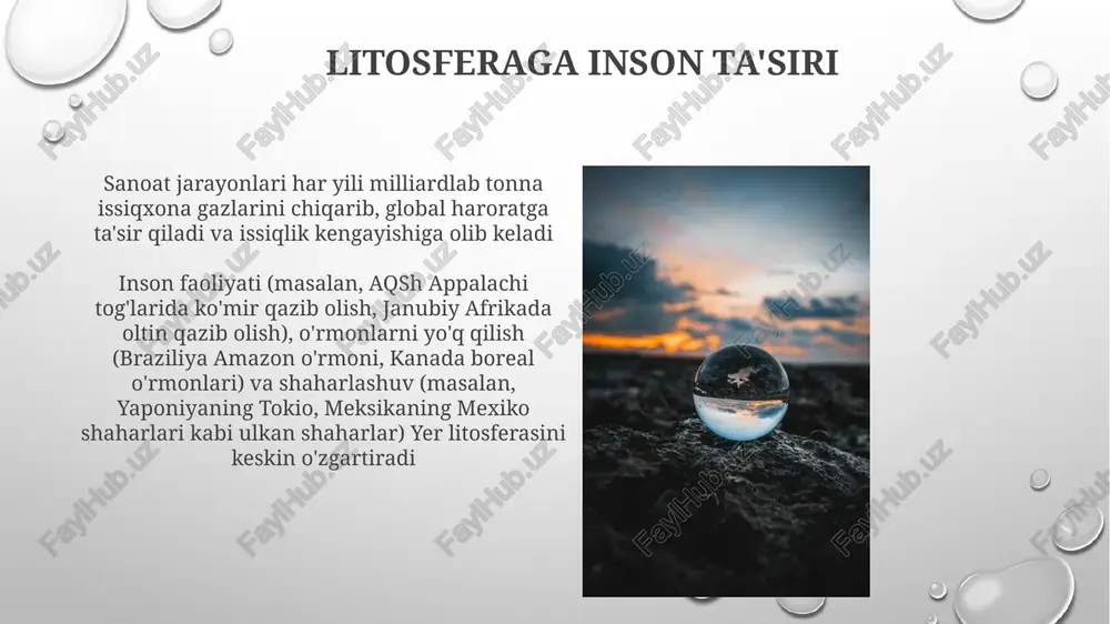 iruvchi. vulkanlar va litosfera faoliyati vulkanik jinslar (bazalt, andesit, riolit) yer mantiyasi tarkibi va tektonik jarayonlar haqida ma'lumot beradi. vulkanik jinslarning radiometrik sanasi geologik hodisalar yoshini aniqlashga yordam beradi (masalan, islandiyaning vulkan faoliyati, millionlab yillar). vulkanik hududlardan olingan geotermal energiya (masalan, islandiya, geotermal elektr stansiyalari) yer qobig'i plitalarining harakati (5-10 sm/yil), mantiya konveksiyasi tufayli yuzaga keladi va zilzilalarga (masalan, 2011 yilgi tohoku zilzilasi, yaponiya) sabab bo'ladi. subduksiya zonalari ustida vulqon kamarlari (masalan, shimoliy amerikadagi kaskadiya tog'lari) hosil bo'ladi litosfera roli va iqlim yer sharining litosferasi (taxminan 100 km qobiq va yuqori mantiyadan iborat) litosfer plitalari tektonikasini belgilab, okean oqimlariga (masalan, global issiqlik taqsimotini ta'sir qiluvchi termogalin aylanishi) ta'sir qiladi yer qobig'i jarayonlari, jumladan, kontinental to'qnashuvlar orqali tog'larning hosil bo'lishi (orogenez, masalan, himoloy), atmosferaning aylanish sxemasini o'zgartirib, mintaqaviy iqlimga, shu jumladan yog'ingarchilik va harorat taqsimotiga ta'sir qiladi izostaziya va litosfera muvozanati yer qobig'ining muvozanati ko'tarish kuchlari bilan ta'minlanadi. zichroq litosfera astenosferaga …