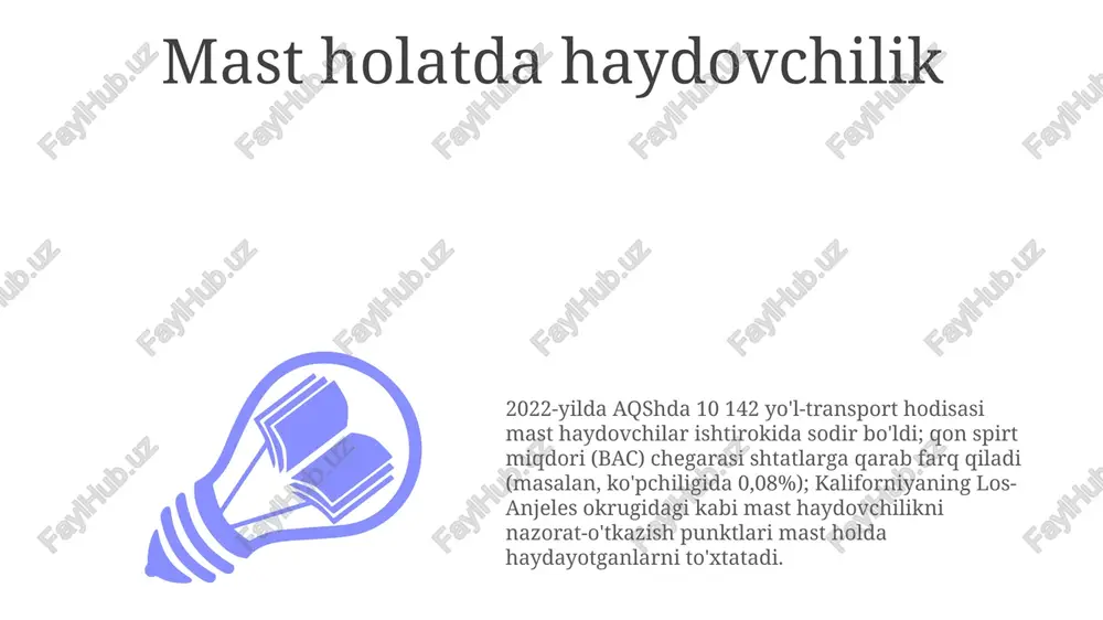 irish (masalan, i-95da yaqin o'tish holatlari) va transport oqimi orasidan o'tish) los-anjeles kabi shaharlardagi yo'l g'azabining 66% ga sezilarli hissa qo'shadi cho'qqilar soatlarda (soat 7-9 va 17-19) gavjum magistrallarda (masalan, 405 magistral yo'lida) yo'l g'azablari tez-tez sodir bo'ladi. tadqiqotlar shuni ko'rsatadiki, har milga 150 dan ortiq transport vositasi zichligi tajovuzkor haydash xatti-harakatlarining 70% ga oshishi bilan bog'liq yo'l infratuzilmasi va loyihalash yo'l xavfsizligini yaxshilashda (masalan, buyuk britaniyaning stats19 kabi ma'lumotlar bazalaridagi) hodisalar tahlili, ko'p hodisa sodir bo'ladigan joylarga (qora nuqtalar) e'tibor qaratadi bolalar yo'lovchilarining xavfsizligi yo'l harakati xavfsizligi dasturlari: bolalar xavfsizligi va piyodalar xavfsizligi yo'l-transport hodisalari o'limini kamaytiradi. bolalar yo'l xavfsizligi: 2022 yil statistikasi 1300 bola yo'lovchining halok bo'lishini ko'rsatadi; maktab yaqinidagi tezlik chegaralari (soatiga 20 milya), piyodalar o'tish joylari va maktab avtobuslari to'xtash qoidalari muhim; shaharlardagi avtohalokatlarning 30%ida bola piyodalar halok bo'ladi tezlik chegaralari va ularning ahamiyati e'tiboringiz uchun rahmat @taqdimot_robot image1.jpeg image2.jpeg image3.jpeg