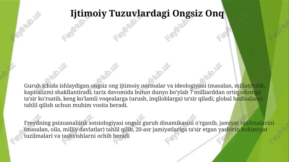 moiy realliklar o'rtasidagi o'zaro ta'sirlarga urg'u berib, individual va jamoaviy psixologik hodisalarni o'rganish. ijtimoiy kuchlarning shaxsning psixologik tajribalariga ta'siri, muayyan ijtimoiy kontekstlarda (masalan, zo'ravonlik, urush, qashshoqlik) travmaning namoyon bo'lishi (masalan, tssb, dissotsiatsiya) orqali, millatlar va madaniyatlar bo'ylab guruh xulq-atvoriga, jamoaviy o'zlikni anglashga va ijtimoiy harakatlarga ta'sirini ko'rsatuvchi misollar (holatlar) tahlil qilinadi bostirish va ijtimoiy nazorat freydning tadqiqoti individual psixologiya va jamiyat tuzilmalari o'rtasidagi o'zaro ta'sirni o'rganib, olokost (natsist germaniyasi) kabi yirik voqealar avlodlarga ta'sir ko'rsatgan kollektiv travma va repressiv ijtimoiy nazoratlarda qanday namoyon bo'lishini ko'rsatdi freydning psixoanalitic ijtimoiy sotsiologiyasi ijtimoiy tuzilmalardagi bostirish mexanizmlarini tahlil qilib, jamiyat normalari (masalan, 1950-yillardagi amerika) va hokimiyat munosabatlarining shaxsning ruhiy hayotiga ta'sirini ko'rsatadi va ongsiz jarayonlarning ijtimoiy nazoratni qanday shakllantirishini ochib beradi froyd nazariyasi orqali janubiy aqshdagi 1960-yillardagi fuqarolik huquqlari harakati kabi ijtimoiy harakatlarga ta'sir ko'rsatuvchi "bostirish" tushunchasi hukmron ideologiyalarga qarshilik va itoatkorlikni boshqaradigan ongsiz omillarni ochib beradi freyd fikrining dastlabki ta'sirlari freydning avstriyaning vena …
