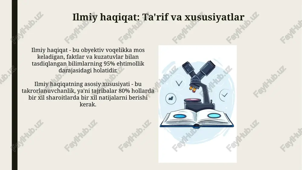 senbergning noaniqlik prinsipi) va 100% ishonch bilan bilib bo'lmaydigan murakkab tizimlar bilan belgilanadi. g'oyalar va modellarning haqiqatga yaqinlashish darajasi doimo noaniqlik bilan birga keladi, chunki barcha ilmiy xulosalar dalillarga asoslangan va taxminlarga tayanadi. ilmiy haqiqatning jamiyat va siyosat bilan aloqasi hamda kelajakdagi tendensiyalari ilmiy haqiqat siyosatga ta'sir ko'rsatadi, masalan, iqlim o'zgarishi bo'yicha siyosat ilmiy dalillarga asoslanadi, lekin 20-asr tendensiyalari siyosiy qarashlar bilan bog'liq. kelajakda sun'iy intellekt 75% ilmiy tadqiqotlarda muhim rol o'ynaydi va ilmiy haqiqatni aniqlashda yordam beradi, lekin e'tiqodiy xavflar mavjud. e'tiboringiz uchun rahmat image1.jpg image2.jpg image3.jpg image4.jpg image5.jpg image6.jpg image7.jpg image8.jpg image9.jpg image10.jpg image11.jpg image12.jpg