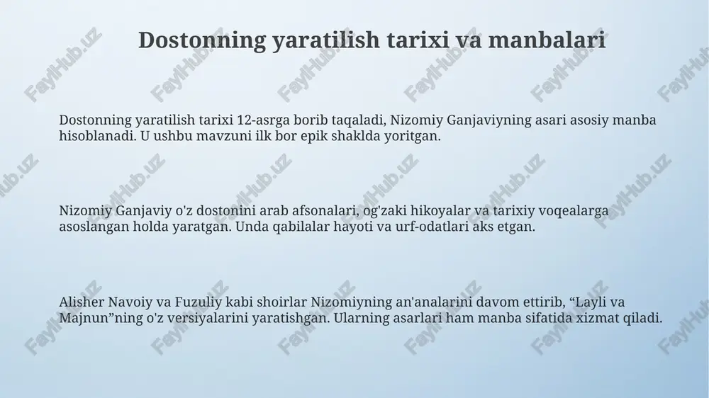 lgan muhabbati ollohga bo'lgan muhabbatning ramzi sifatida talqin etilib, 7 ta asosiy bosqichdan iborat. majnunning dunyoviy hayotdan voz kechishi va iztiroblari orqali *nafsni tiyish* (self-control) falsafasi ilgari suriladi. u 10 ta asosiy sifatlardan iborat komil inson maqomiga erishishga intiladi. mifologik va ramziy obrazlar laylining go'zalligi quyosh bilan qiyoslanadi, bu sharq adabiyotida keng tarqalgan mifologik tasvir bo'lib, uning ilohiy maqomini ifodalaydi. dostonda sahro (cho'l) obrazi majnunning ichki iztiroblari va dunyodan uzilganligining ramzi sifatida 40 kunlik (raqam) sinov davrini aks ettiradi. majnunning hayvonlar bilan do'stligi tabiat bilan uyg'unlik ramzi bo'lib, insonning ruhiy poklanishi va 10 darajali sevgi izhorini aks ettiradi. sevgi, ayriliq va sadoqat motivlari dostonda sevgi ilohiy kuch sifatida namoyon bo'ladi, majnunning layliga bo'lgan muhabbati orqali o'zining eng yuqori cho'qqisiga yetadi, bu 7 bosqichli ishqiy safar orqali tasvirlangan. ayriliq majnun uchun asosiy azob manbai bo'lib, laylidan uzoqlashishi uning aqlini yo'qotishiga va cho'lda 40 kunlik iztirob chekishiga sabab bo'ladi, bu uning ruhiy …