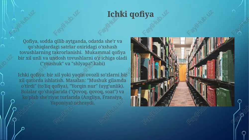 di. har xil madaniyatlarda she'r arab sheʼriyoti (5-asr va undan keyin) murakkab qofiyalarni, koʻpincha bir necha misralarda mukammal undosh qofiyalarni (tāniyāt) qoʻllagan boʻlib, fors va turk anʼanalariga taʼsir koʻrsatgan 7-asr boshidan boshlab yapon vaka she'riyoti (odatda 31 bo'g'inli she'rlar, 5-7-5-7-7), kigo (mavsumiy havola) va oxiridagi tovushlar takrorini (muqammal qofiya emas) 5 misrada qo'llaydi. keyinchalik haku (17 bo'g'in, 5-7-5) kabi shakllarga ta'sir ko'rsatgan qofiya ta'rifi erkak qofiyasi (bir bo‘g‘inli so‘zlar, masalan, "quvonch" va "kech"), ayol qofiyasi (ikki yoki undan ortiq bo‘g‘inli so‘zlar, masalan, "bog‘" va "qo‘rqoq") va ichki qofiya (bir misrada, masalan, "yumshoq shamol esdi, oq ko‘pik uchdi") turlari mavjud koʻpgina tillar va sheʼriy shakllarda misollar mavjud: ingliz balladalari ("barbara allen" masalan), yapon xaykusi va ispan sonetlari ham qofiya ishlatadi. qofiyalar soni va joylashuvi sheʼrning ritmini va umumiy taʼsirini sezilarli darajada oʻzgartiradi yaqin jarang (taxminiy jarang) mukammal jarang, ingliz tilida "moon" va "june" so'zlari misolida ko'rinib turibdiki, bir xil unli va …