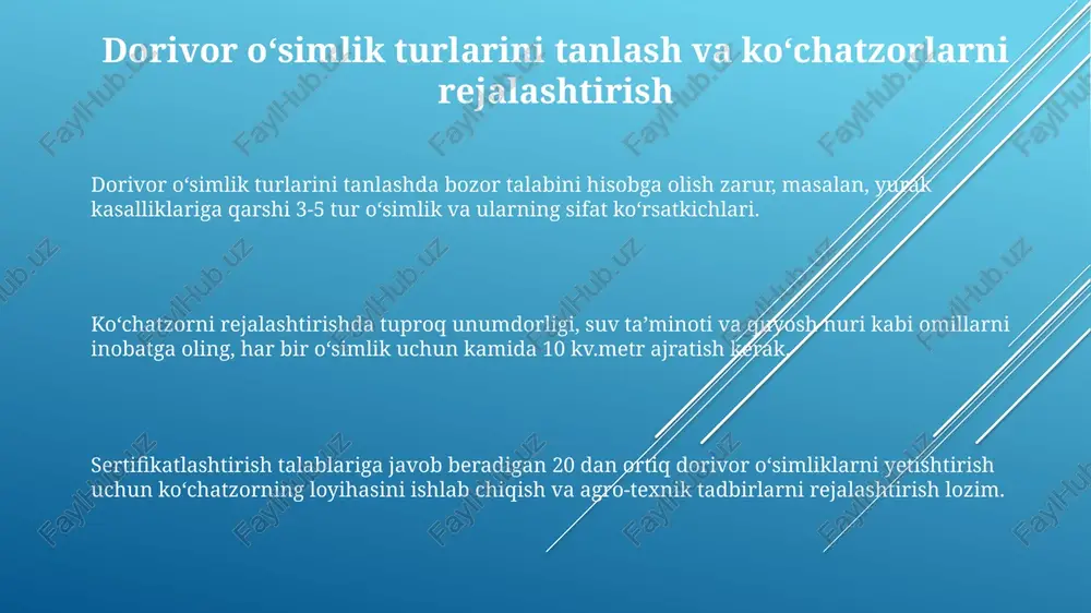 da 10% ga mehnat unumdorligini oshirishga yordam beradi. sertifikatlashtirish, sifat nazorati, marketing va normativ-huquqiy hujjatlar sertifikatlashtirish jarayoni o'simlik materialining 95% tozaligini tasdiqlaydi, bu esa sog'lom o'sish va farmatsevtika standartlariga muvofiqligini kafolatlaydi. sifat nazorati har 1000 ko'chatdan 5 tasida kasalliklar yo'qligini, shuningdek, 80% unuvchanlik darajasini ta'minlash uchun laboratoriya testlarini o'z ichiga oladi. marketing strategiyasi 70% onlayn platformalarga va 30% mahalliy bozorlarga yo'naltirilgan bo'lib, farmatsevtika kompaniyalari bilan shartnomalarga asoslanadi. e'tiboringiz uchun rahmat