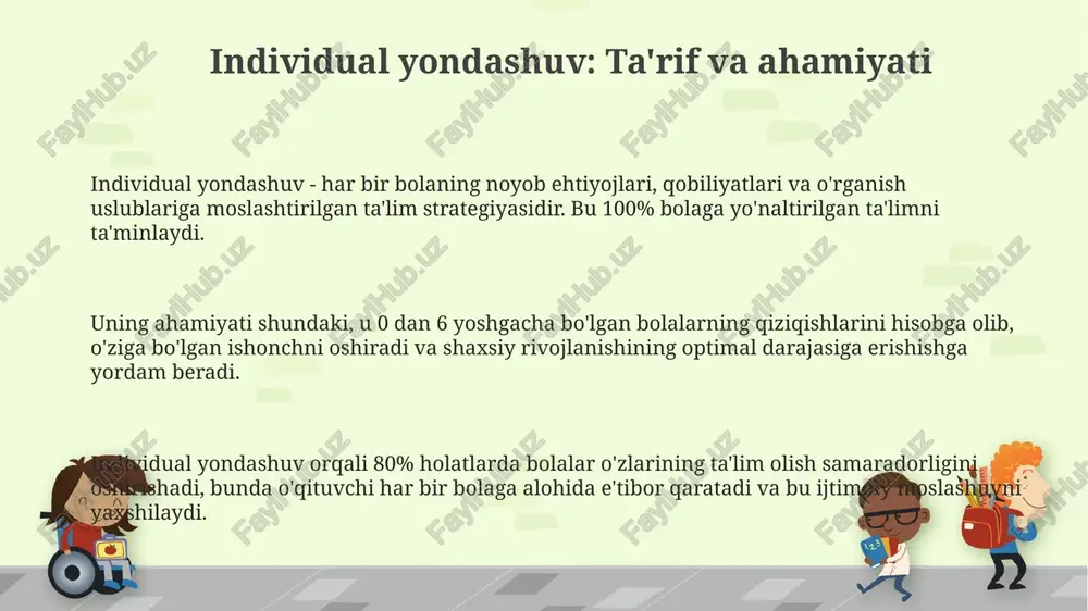 allardan innovatsion foydalanish va o'qituvchilar uchun resurslarni birgalikda yaratish. tadqiqotlar ko'rsatadiki, individual yondashuv inklyuziv sinflarda o'quvchilarni baholashda 15% gacha noaniqliklarni keltirib chiqarishi mumkin; echim - murakkab baholash usullarini ishlab chiqish va sinovdan o'tkazish. kelajakdagi tadqiqotlar neyrofanlar va ta'lim texnologiyalari integratsiyasi orqali individual ta'lim strategiyalarini 20% ga yaxshilashga qaratiladi, har bir bolaning individual ehtiyojlarini qondirish uchun. e'tiboringiz uchun rahmat image1.png