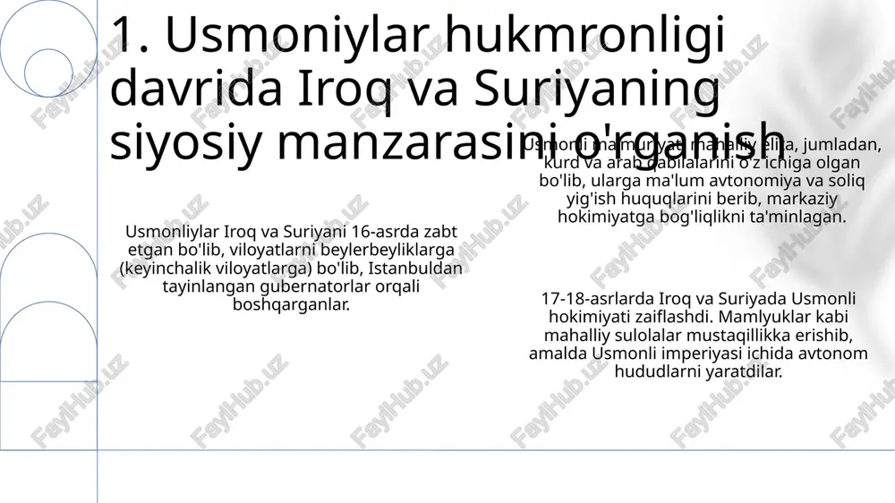 yarmida usmonli ma'muriyatining markazlashuvi mahalliy arablarning noroziligiga sabab bo'ldi, bu esa 1860-yilda damashqda druzlar va maronitlar o'rtasida fuqarolar urushiga olib keldi. 19-asr oxirida usmonli imperiyasining zaiflashuvi va yevropa ta'siri kuchayishi natijasida iroqda turli xil avtonomiya harakatlari, shu jumladan, diniy va qabilaviy qo'zg'olonlar kuchaydi. 7. ziddiyatlar, avtonomiya harakatlari va 19-asr oxiridagi siyosiy o'zgarishlar e'tiboringiz uchun rahmat image1.png