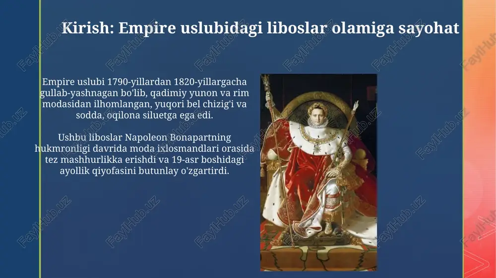 lari torroq bo'lib, ko'krak chizig'i biroz pasaygan, etak esa nozikroq bo'lib, oldingi keng shakldan uzoqlashdi. 1820-yillarda bel chizig'i asta-sekin tabiiy holatga qayta boshladi, liboslar etagi kengayib, empire davrining baland belli siluetidan uzoqlashdi. empire uslubi merosi: keyingi avlodlarga ta'siri empire uslubi 20-asr boshlarida, ayniqsa, 1920-yillarda oʻzining soddaligi va nafisligi bilan ilhomlantirib, bel chizigʻining koʻtarilishi kabi elementlarda namoyon boʻldi. ushbu uslub to'y liboslari dizaynida, klassik uslublar va minimalistik estetikaning uyg'unlashuvida, 1800-yillardagi uslubning zamonaviy talqinida ko'zga tashlanadi. zamonaviy talqinlar: ilhom manbai ko'pgina zamonaviy liboslar imperiya uslubining asosiy elementlari, masalan, yuqori bel va erkin yubkalardan ilhomlanib, kundalik modada 20 dan ortiq uslubga moslash imkonini beradi. moda dizaynerlari 19-asr imperiya liboslaridan olingan nafislikni qayta talqin qilish uchun ipak, shifon kabi zamonaviy matolardan foydalanish orqali 30 dan ortiq yorqin dizaynlarni yaratmoqdalar. empire liboslari san'atda va adabiyotda empire liboslari koʻpincha neoklassik sanʼatda, masalan, jak-lui devidning portretlarida tasvirlangan boʻlib, bu liboslar davrning xarakterli xususiyati ekanligini koʻrsatadi. adabiyotda, ayniqsa …