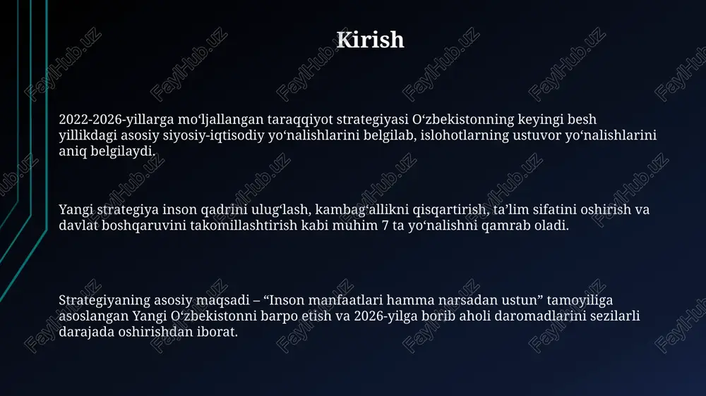 hisoblanadi. qonun ustuvorligini ta’minlash maqsadida sud hokimiyatining mustaqilligini kafolatlash, sudyalarning daxlsizligini ta’minlash va sud qarorlarining ijrosi samaradorligini oshirishga qaratilgan 70 dan ortiq tadbir amalga oshiriladi. strategiyani amalga oshirishning kutilayotgan natijalari davlat boshqaruvi samaradorligini oshirish, 2026-yilga borib «hukumat buluti»ga 80% davlat xizmatlarini o‘tkazish, byurokratik to‘siqlarni kamaytirish va xalq bilan muloqotni kuchaytirish kutilmoqda. iqtisodiyotni diversifikatsiya qilish, yaim hajmini 1,6 barobarga oshirish, sanoatda yuqori qo'shilgan qiymatli mahsulotlar ishlab chiqarishni ko'paytirish va xususiy sektorning rolini kuchaytirish maqsad qilingan. ijtimoiy sohada aholi turmush darajasini yaxshilash, kambag‘allikni 2 barobarga kamaytirish, ta’lim va sog‘liqni saqlash xizmatlari sifatini oshirish orqali inson kapitalini rivojlantirish ko‘zda tutilgan. e'tiboringiz uchun rahmat t image1.png