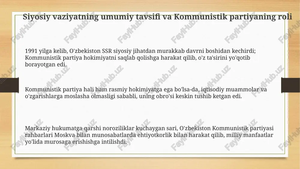 ishga majbur bo'ldi. ijtimoiy norozilik namoyishlari, masalan, 1989-yildagi buxoro voqealari iqtisodiy qiyinchiliklar va siyosiy cheklovlarga qarshi o'zbek xalqining noroziligini aks ettirib, minglab odamlarni jalb qildi. referendumga tayyorgarlik va huquqiy vaziyat 1991-yilgi mustaqillik referendumi uchun tayyorgarlik jarayonida saylov qonunchiligiga o'zgartirishlar kiritildi, ovoz berish huquqi, saylov komissiyalari tuzilishi va ovoz berish tartiblari belgilandi. referendumga tayyorgarlik davrida qonuniylikni ta'minlash maqsadida huquq-tartibot idoralari faoliyati kuchaytirildi, mitinglar va namoyishlarni tartibga soluvchi qonunlar qabul qilindi. markaziy hukumat referendum o'tkazilishiga to'sqinlik qilmaslikka harakat qildi, lekin mahalliy hokimiyat organlarining referendumga tayyorgarlik bo'yicha harakatlari doimiy nazorat ostida bo'ldi. e'tiboringiz uchun rahmat image3.png image4.png