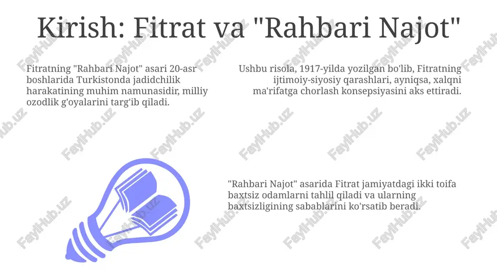 ifasi – jaholatparastlar va mutaassiblar tanqid ostiga olinadi; bu tahlil 2024-yilda ham ilmiy asoslangan va oʻz kuchini yoʻqotmagan. maʼrifatparvarlik gʻoyasi asarning asosiy negizini tashkil etadi; bu gʻoya ayniqsa, yosh avlod ongini shakllantirishda 2020-yillarda ham muhim ahamiyatga ega. e'tiboringiz uchun rahmat image1.jpeg image2.jpeg image3.jpeg