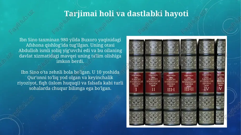 imotiga asoslangan neoplatonizm, o'rta asr yevropa skolastikasiga katta ta'sir ko'rsatdi va 13-asrda akvinalik foma kabi faylasuflar tomonidan o'rganildi. tanqid va bahslar ibn sinoning ba'zi tibbiy usullari, masalan, siydik orqali tashxis qo'yish usuli, keyinchalik olimlar tomonidan 1000 yillik davrda shubha ostiga olindi va takomillashtirildi. uning aristotel falsafasiga bo'lgan qat'iy sodiqligi ba'zi islom ulamolari tomonidan tanqid qilindi, ular uning dunyoqarashida diniy e'tiqoddan chetga chiqish holatlari bor deb hisoblashdi. unutilmas xotiralar va yodgorliklar ibn sinoning buxorodagi (taxminan 980-1037) maqbarasi uning sharafiga qurilgan bo'lib, bu joy ziyoratchilar va olimlar uchun ilhom manbai bo'lib, 1000 yildan ortiq xotirani saqlaydi. dushanbe shahridagi ibn sino nomidagi tojikiston tibbiyot universiteti (1939-yilda tashkil etilgan) uning tibbiyot sohasidagi buyuk merosini abadiylashtirgan ta'lim maskani sifatida xizmat qiladi. bu ta'lim dargohi 80 yildan ortiq tarixga ega. e'tiboringiz uchun rahmat image3.png image4.jpg image5.jpg image6.jpg image7.jpg image8.jpg image9.jpg image10.jpg image11.jpg image12.jpg image13.jpg
