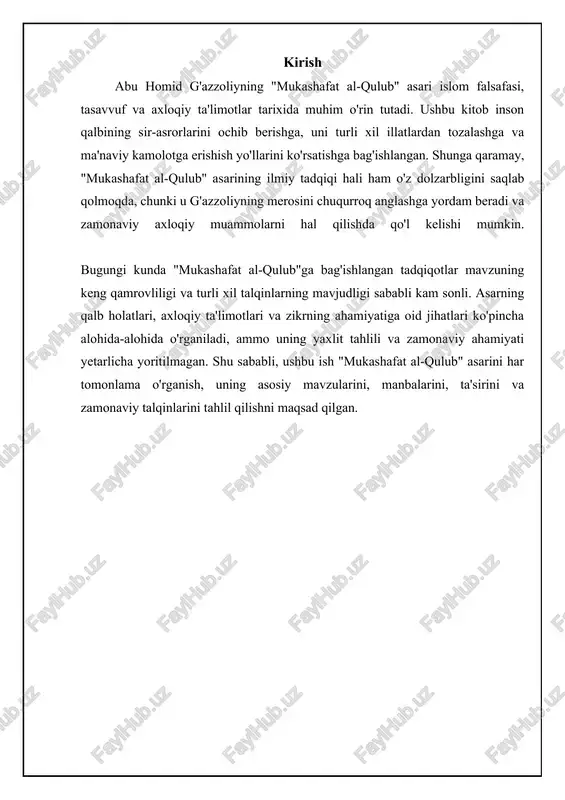 ydi. kitobdagi har bir bob oʻquvchini oʻz ustida ishlashga va oʻzini isloh qilishga undaydigan amaliy maslahatlar bilan yakunlanadi. bu esa «mukashafat al-qulub»ni nafaqat nazariy bilimlar manbai, balki amaliy qoʻllanma sifatida ham qimmatli qiladi. 📈 mukashafat al-qulub asarining bo'limlaridagi mavzularning taqsimlanishi ushbu diagramma "mukashafat al-qulub" asarining turli bo'limlarida qanday mavzular yoritilganligini ko'rsatadi. section 1 qalblar kashfiyoti: nafsning mohiyati va uni tarbiyalash “mukashafat al-qulub” kitobining muhim qismi nafsning mohiyati, uning xususiyatlari va uni tarbiyalash masalalariga bag'ishlangan. al-g'azzoliy nafsni insonning eng xavfli dushmani sifatida ta'riflaydi va uni doimiy ravishda nazorat qilib, yaxshi fazilatlarga yo'naltirish zarurligini ta'kidlaydi. uning fikricha, nafs o'z tabiatiga ko'ra yomonlikka moyil bo'lib, agar u tarbiyalanmasa, insonni halokatga olib kelishi mumkin. nafsning bu xususiyatini tushunish, uni tarbiyalashning birinchi qadamidir. al-g'azzoliy nafsni tarbiyalash uchun bir qancha usullarni taklif etadi. bularga ro'za tutish, namoz o'qish, zikr qilish va xayriya qilish kabi amallar kiradi. u, shuningdek, nafsni doimo kuzatib borish va uning yomon istaklariga …
