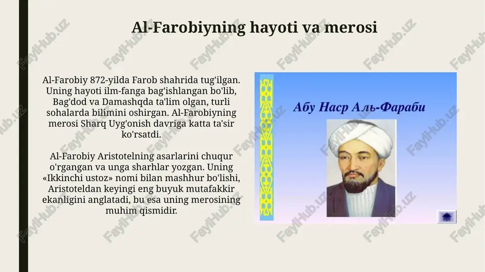 anishning ahamiyati va qiyinchiliklari al-farobiy asarlarini o'rganish orqali ix-x asrlardagi ilm-fan, falsafa va madaniyatning rivojlanish darajasini chuqur anglash mumkin, bu esa tarixiy tushunchamizni boyitadi. ilmiy merosni o'rganishda qiyinchiliklar mavjud, masalan, al-farobiyning ko'plab asarlari yo'qolgan yoki to'liq o'rganilmagan, bu tadqiqotni murakkablashtiradi. kelajakdagi tadqiqot yo'nalishlari va yosh avlod tarbiyasidagi ahamiyati al-farobiyning axloqiy qarashlarini zamonaviy texnologik etikaga moslashtirish, sun'iy intellekt rivojida 21-asr axloqiy muammolarini hal etishda yordam beradi. yosh avlodni al-farobiyning 'fazilatli shahar' konsepsiyasi orqali jamiyatda adolat, hamkorlik kabi 5 asosiy tamoyillarga asoslangan ideallarga yo'naltirish muhim. e'tiboringiz uchun rahmat image1.png image2.jpg image3.jpg image4.jpg image5.jpg image6.jpg image7.jpg image8.jpg image9.jpg image10.jpg image11.jpg