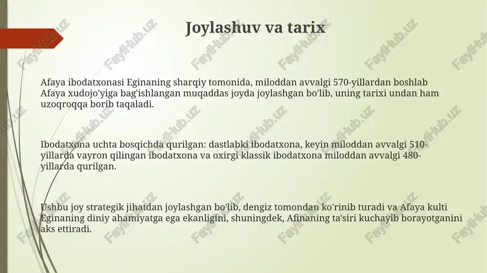 ublar uyg'unlashgan. bu davr san'at tarixida haykaltaroshlik rivojlanishining muhim bosqichini ko'rsatadi. saqlanish holati, restavratsiya va muzey ekspozitsiyasi ibodatxonaning saqlanib qolgan qismi, shu jumladan g'arbiy pedimentning ko'p qismi, 1811-yilda restavratsiya qilingan va germaniyadagi myunxen glikpotekasida joylashgan. bu uning muhim san'at asari sifatida qadrlanishiga yordam berdi. saqlanish muammolari tufayli, asl ranglar va haykallarning yuzalari ko'p jihatdan yo'qolgan, ammo restavratsiya jarayonida ularning asl holatini tiklashga harakat qilingan. ko'plab parchalar tiklangan. myunxen glikpotekasi ibodatxonaning haykaltaroshlik bezaklarining ko'p qismini namoyish etadi, ular alohida xonalarda joylashgan va kontekstni tushuntiruvchi ma'lumotlar bilan ta'minlangan. ko'rgazma keng jamoatchilikni qamrab oladi. e'tiboringiz uchun rahmat