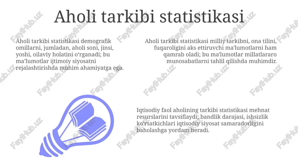 sh joyini oʻzgartirishi sababli ijtimoiy-iqtisodiy oʻzgarishlarni (masalan, ishchi kuchining harakati) 16 yoshdan oshganlar boʻyicha kuzatadi. demografik yuklama koʻrsatkichlarini hisoblashda migratsiya statistikasining ahamiyati katta, chunki bu kelganlar va ketganlar orasidagi farqni baholash, ayni jamiyatdagi yoshlar nisbatini 5 yillik muddatga oʻzgartirishi mumkin. mehnat unumdorligi ko'rsatkichlari o'rtacha yillik mehnat unumdorligi indeksi yalpi ishlab chiqarish miqdorining o'rtacha ishchilar soniga nisbati bilan hisoblanadi, bu 10% unumdorlikni oshishini ko'rsatadi. mehnat unumdorligi ko'rsatkichlari, ishlab chiqarish hajmini ish vaqtiga solishtirib, bir ishchining qancha mahsulot yaratishi yoki xizmat ko'rsatishini aniqlashda muhim, ko'rsatkich orqali baholanadi. mehnat unumdorligi sur'ati, texnikaning rivojlanishi va ishchilar malakasining oshishi bilan ortadi, yangi texnologiyalar 20% ko’proq mahsulot yaratish imkonini beradi. ish haqi statistikasi mehnat haqi statistikasi ishchilarning toʻlanadigan oʻrtacha haqini koʻrib chiqadi va bu oʻrtacha miqdor koʻrsatkichlari yordamida tavsiflanadi. shuningdek, malaka darajasi va xizmat vaqti hisobga olinadi. mdx (oʻzbekiston hududidan tashqari) mamlakatlarda oʻrtacha oylik ish haqi, yalpi milliy daromadni taqsimlash uchun asosiy ma'lumotlardan biri boʻlib, iqtisodiy …