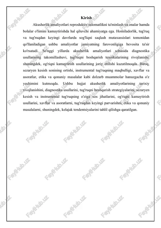 usulining takomillashuvi, ultratovush diagnostikasining joriy etilishi, sun'iy urug'lantirish. ignaz semmelweis, louis pasteur, ian donald zamonaviy akusherlik diagnostikasining usullari va imkoniyatlari zamonaviy akusherlik diagnostikasi homiladorlikni erta aniqlash, homilaning rivojlanishini baholash va mumkin bo'lgan asoratlarni prognoz qilish imkonini beradi. utt homilaning holatini, joylashuvini, o'lchamlarini va organlarining rivojlanishini kuzatish uchun asosiy usul hisoblanadi. dopplerometriya homiladorlikning oxirgi trimestrlarida qon oqimini baholash va homilaning gipoksiyasi xavfini aniqlash uchun qo'llaniladi. amniotsentez va xorion biopsiyasi kabi invaziv usullar xromosoma anomaliyalarini aniqlash uchun genetik tekshiruv o'tkazish imkonini beradi, ammo ular xavfli hisoblanadi va faqat ko'rsatmalar bo'yicha amalga oshiriladi. noinvaziv prenatal test (nipt) onaning qonida homila dnksini tekshirish orqali xromosoma anomaliyalarini aniqlashning xavfsiz usuli hisoblanadi. kardiotokografiya (ktg) homilaning yurak urishi va bachadon qisqarishini monitoring qilish uchun qo'llaniladi, ayniqsa tug'ruq paytida homilaning ahvolini baholashda muhim ahamiyatga ega. laboratoriya tekshiruvlari (qon, siydik tahlili, gormonal tekshiruvlar) onaning sog'lig'ini baholash va homiladorlikning mumkin bo'lgan asoratlarini (gestatsion diabet, preeklampsiya) aniqlashga yordam beradi. ushbu diagnostika …