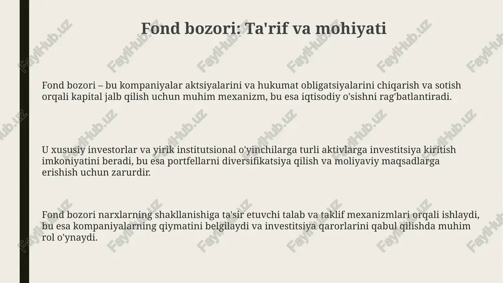 umiy ishlashini o'lchaydigan statistik ko'rsatkichdir va investitsiya portfelining samaradorligini baholash uchun benchmark vazifasini o'taydi. dow jones industrial average (djia) kabi vaznli indekslar, aksiyalarning narxiga asoslanadi, bu esa yuqori narxdagi aksiyalarning indeksga nisbatan ta'sirini oshiradi, bu esa interpretatsiyada e'tiborga olinishi kerak. savdo mexanizmlari auksion savdosi, eng keng tarqalgan mexanizm bo'lib, unda xaridorlar va sotuvchilar narxlar raqobatida qatnashadi, yuqori taklif bergan xaridor va past narxni taklif qilgan sotuvchi bitim tuzadi. dilerlik savdosi dilerlar qimmatli qog'ozlarni o'z hisobidan sotib olishadi va sotadilar, narxlar bozor konventsiyasi bilan belgilanadi; ular likvidlikni ta'minlaydi va narxlar farqi orqali foyda ko'radi. elektron savdo platformalari, jumladan, algoritmik savdo, yuqori chastotali savdo va to'g'ridan-to'g'ri bozorga kirish (dma) savdosini osonlashtiradi, bu esa savdo tezligini va samaradorligini oshiradi. tartibga solish tartibga solish markaziy banklar tomonidan inflyatsiya va foiz stavkalariga ta'sir o'tkazish uchun ishlatiladi, bu esa 2008-yildagi moliyaviy inqirozdan so'ng qat'iy nazorat ostiga olindi. qimmatli qog'ozlar bozorini tartibga solish investorlar huquqlarini himoya qilish …