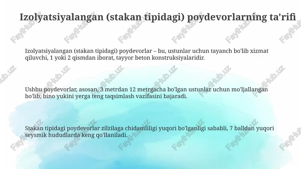 -shaklidagi armatura) ishlatiladi. bu, ustunning bosimini poydevorga teng taqsimlash uchun zarur. qoplam qatlami kamida 50 mm bo'lishi lozim. stakan tipidagi poydevorlarning burchaklarida kuchlanish yuqori bo'lganligi sababli, burchaklarda qo'shimcha armatura o'rnatiladi. bu, poydevorning mustahkamligini oshirish va yorilish ehtimolini kamaytirish uchun qo'llaniladi. armatura sinfi a-iii bo'lishi maqsadga muvofiq. qurilish texnologiyasi poydevor stakanini o'rnatishda, uning gorizontalligi va vertikalligi lazer nivelyr yordamida tekshiriladi. xatoliklar 2-3 mm dan oshmasligi kerak, aks holda konstruksiya mustahkamligi buzilishi mumkin. stakan tipidagi poydevorlarni o'rnatishda, avval tayyorlangan taglikka 10-15 sm qalinlikdagi qum yostig'i joylashtiriladi va zichlanadi. bu, poydevorning tekis o'rnashishini ta'minlaydi. ustunni stakanga o'rnatishdan oldin, stakan ichki yuzasi beton bilan to'ldiriladi, ustun o'rnatilgach, bo'shliqlar zich beton bilan to'ldiriladi, kamida m200 markali beton ishlatiladi. sifat nazorati sifat nazoratida beton qoplamining qalinligi 25 mm dan kam bo'lmasligi kerak va armatura joylashuvi loyiha talablariga mos kelishi 5 mm aniqlikda tekshiriladi. qurilish davomida vertikallik va gorizontallik tolerantligi 0,5% dan oshmasligi kerak, g'ishtlar orasidagi choklar …