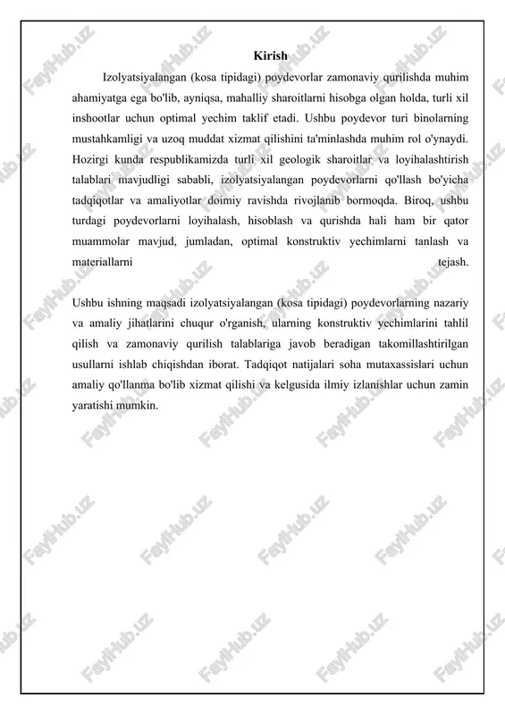 qori yuk ko'tarish qobiliyati, notekis cho'kishga chidamlilik. og'ir yuklangan binolar, maxsus loyihalar, qiyin geologik sharoitlar. kombinatsiyalangan izolyatsiyalangan poydevor ikkita yoki undan ortiq ustunlarni qo'llab-quvvatlaydi, umumiy asosga ega. ustunlar orasidagi masofa yaqin bo'lganda samarali, alohida poydevorlar uchun joy yetarli bo'lmaganda. sanoat binolari, ko'p qavatli binolar, murakkab arxitektura ob'ektlari. izolyatsiyalangan poydevorlarning turlari va klassifikatsiyasi izolyatsiyalangan poydevorlar o'zining shakli, konstruksiyasi va materialiga ko'ra turlicha bo'lishi mumkin. eng keng tarqalgan turlariga quyidagilar kiradi: tekis (yassi) poydevorlar, pog'onali poydevorlar, konus shaklidagi poydevorlar va stakan shaklidagi (cup-type) poydevorlar. tekis poydevorlar, odatda, kichik yuklanishlar uchun ishlatiladi va sodda konstruksiyaga ega. pog'onali poydevorlar yuklanish yuqori bo'lgan hollarda ishlatilib, yukni tuproqqa asta-sekin o'tkazadi. konus shaklidagi poydevorlar esa, tuproqning notekis bosimi xavfi mavjud bo'lganda qo'llaniladi. stakan shaklidagi poydevorlar, odatda, prefabrik ustunlarni o'rnatish uchun ishlatiladi va ularning asosiy afzalligi tezkor o'rnatish imkoniyatidir. bundan tashqari, izolyatsiyalangan poydevorlar tayyorlangan materialga ko'ra ham klassifikatsiya qilinadi: beton, temir-beton va tosh poydevorlar. beton poydevorlar arzon va …