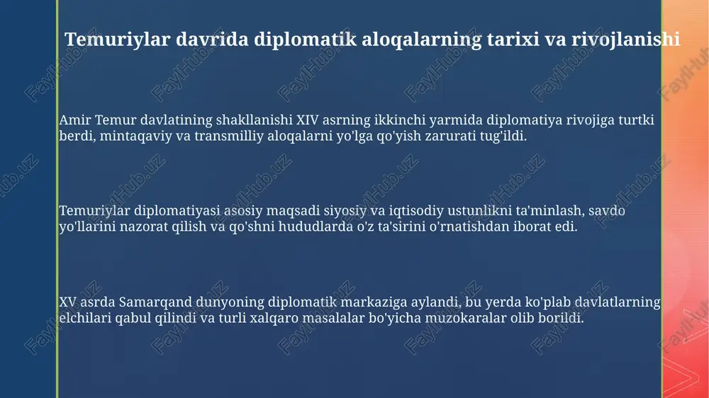 a arxitekturani rivojlantirishga yordam berdi. samarqandga turli mintaqalardan hunarmandlar va olimlar jalb etildi. diplomatik meros, ahamiyati va tadqiqotlar temurning diplomatik merosi markaziy osiyoda siyosiy barqarorlikni mustahkamlashga qaratilgan boʻlib, bu keyingi davrlarda 15-16-asrlarda movarounnahrning rivojlanishiga katta ta'sir koʻrsatdi. temuriylar davrining ahamiyati yevropa va osiyo oʻrtasida oʻrnatilgan savdo yoʻllari orqali madaniy va iqtisodiy aloqalarni rivojlantirishga katta hissa qoʻshganligi bilan belgilanadi. temur davri diplomatiyasi boʻyicha tadqiqotlar gʻarb va sharq manbalarini qiyosiy tahlil qilish orqali amalga oshirilmoqda, bu esa xvi asrga oid rasmiy yozishmalarni o'rganishga imkon beradi. e'tiboringiz uchun rahmat image4.png image2.png image3.png