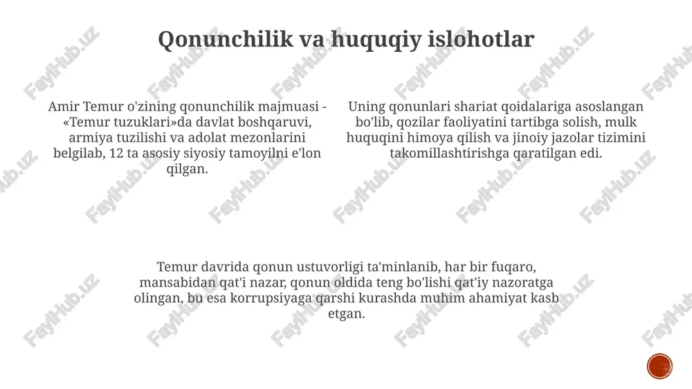 ar uyg'onish davri amir temurning madaniyat, ilm-fan va san'atga homiyligi natijasida yuzaga keldi, bu esa 1405-1507 yillarda gullab-yashnagan davr bo'ldi. amir temurning merosi xiv-xv asrlarda markaziy osiyoda kuchli markazlashgan davlatni yaratgani bilan muhimdir, bu esa mintaqada siyosiy barqarorlikni ta'minladi. amir temurning harbiy taktikasi, ayniqsa, 1402-yilda anqara jangida usmonlilar ustidan qozonilgan g'alabasi, harbiy tarixda muhim ahamiyatga ega, bu yevropani usmonli bosqinidan saqlab qoldi. tanqidiy nuqtalar va bahslar amir temurning harbiy yurishlari, xususan, 1380-1405 yillardagi bosqinlar ko'plab tinch aholi qurbon bo'lishiga sabab bo'lgani uchun tanqid ostida. temurning ba'zi qonunlari, masalan, soliq yig'ishdagi qattiqqo'llik va ba'zi jinoiy jazolari, inson huquqlari nuqtai nazaridan bahsli hisoblanadi. ayrim tarixchilar temurning imperiyasi barqaror bo'lmaganini, uning o'limidan so'ng tezda parchalanib ketganini, davlat arbobi sifatidagi muvaffaqiyatiga shubha bilan qarashadi. amir temur davrida harbiy strategiya va taktika temurning harbiy strategiyasi dushman qoʻshinlarining zaif nuqtalarini aniqlashga asoslangan edi, odatda qoʻshinlarni bir necha qismlarga boʻlib, dushman mudofaasini yorib oʻtgan. temur armiyasi taʼminot …