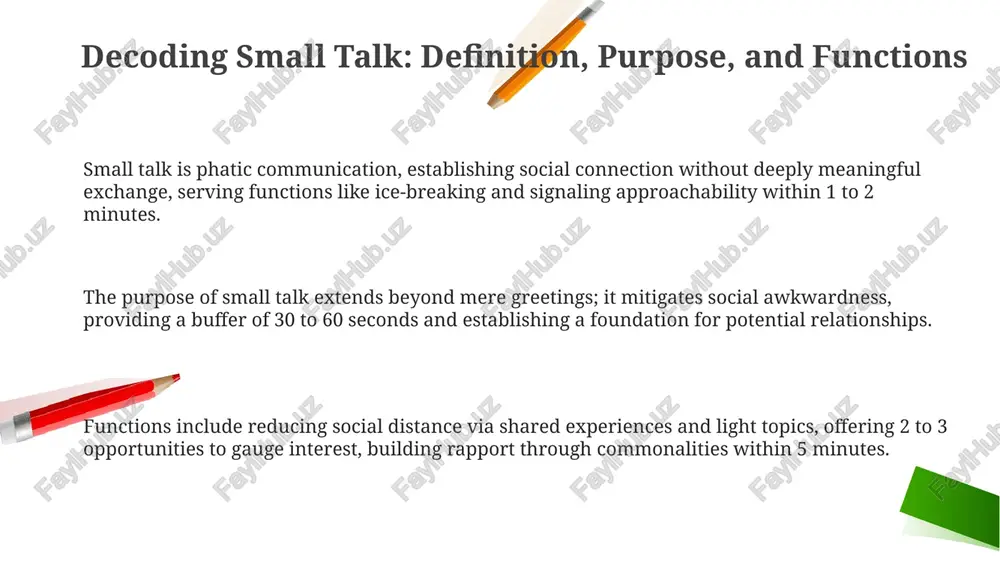 ive politeness,' employing compliments (e.g., "great presentation!") and shared experiences to foster rapport. ineffective attempts display disinterest, dominating the conversation. mastering small talk: ethical considerations and skill improvement ethically, avoid excessive self-disclosure (more than 30%) to prevent making others uncomfortable. practicing 'active listening' improves skills and shows respect for their 'cognitive' contribution. skill enhancement involves utilizing the 'form' method – family, occupation, recreation, motivation – as conversation prompts to guide initial exchanges within the crucial first 5 minutes. be mindful of 'microaggressions' during small talk. consider cultural differences in humor (30% is verbal, 70% is body language) and conversational styles to avoid unintentional offenses. thank you for your attention image5.png image2.png image1.png